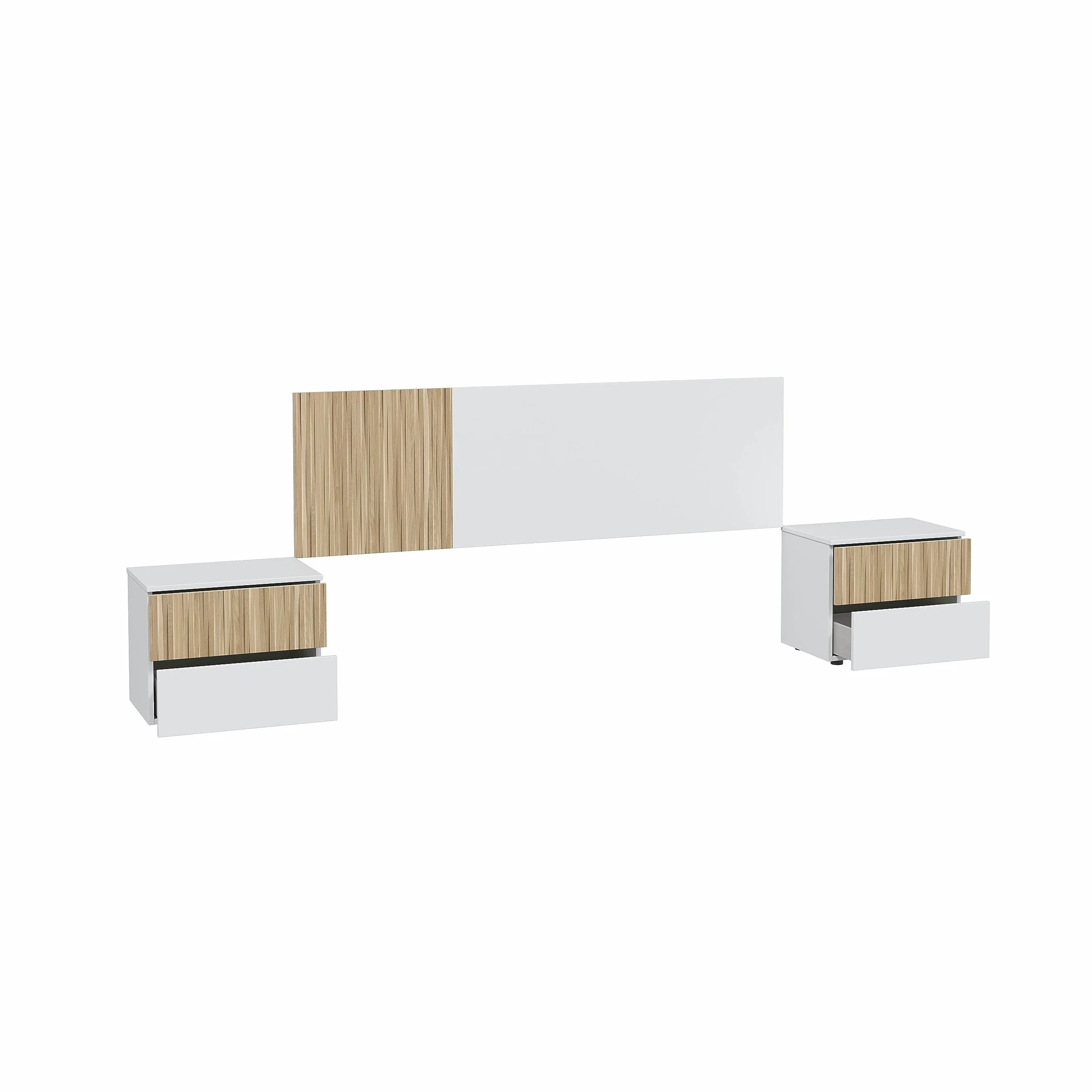Mobelcenter, Conjunto Cabezal y 2 Mesitas Dormitorio Ethna, Cabecero y Mesitas para Cama de Matrimonio, Color Blanco Artik y Natur, Medidas: Ancho: 266 cm x Fondo: 34 cm x Alto: 91 cm (1428)
