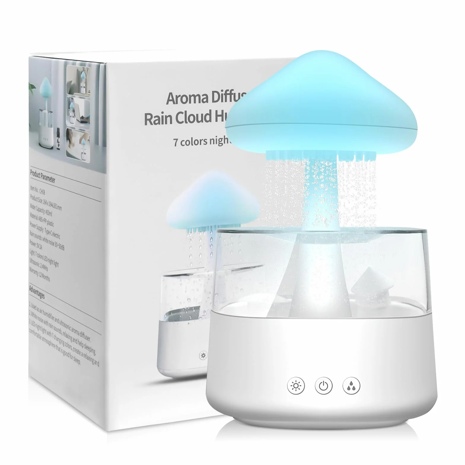 Humidificador nube de lluvia, 450 ml, humificadores de humedad con 3 modos y 7 colores, difusor de aroma con luces LED, nano mist lampara lluvia habitación de niños, dormitorio, hogar, oficina(Blanco)