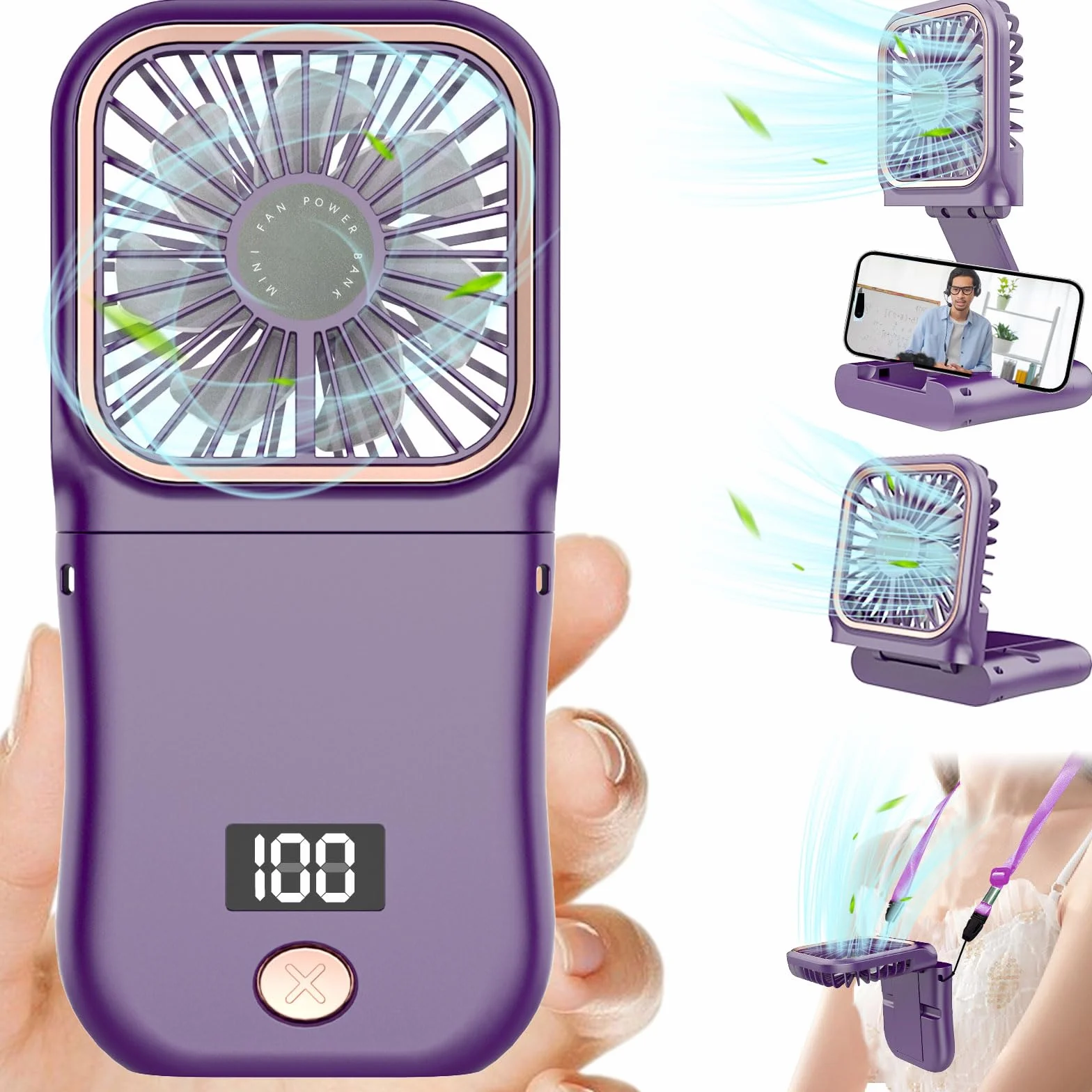DDKJ Ventilador de Mano Recargable,Plegable 180° Ajustable,3 Velocidades,7 Horas,Pantalla Digital,Mini Ventilador Portatil para Viajes/Oficina/Actividades al Aire Libre-Morado