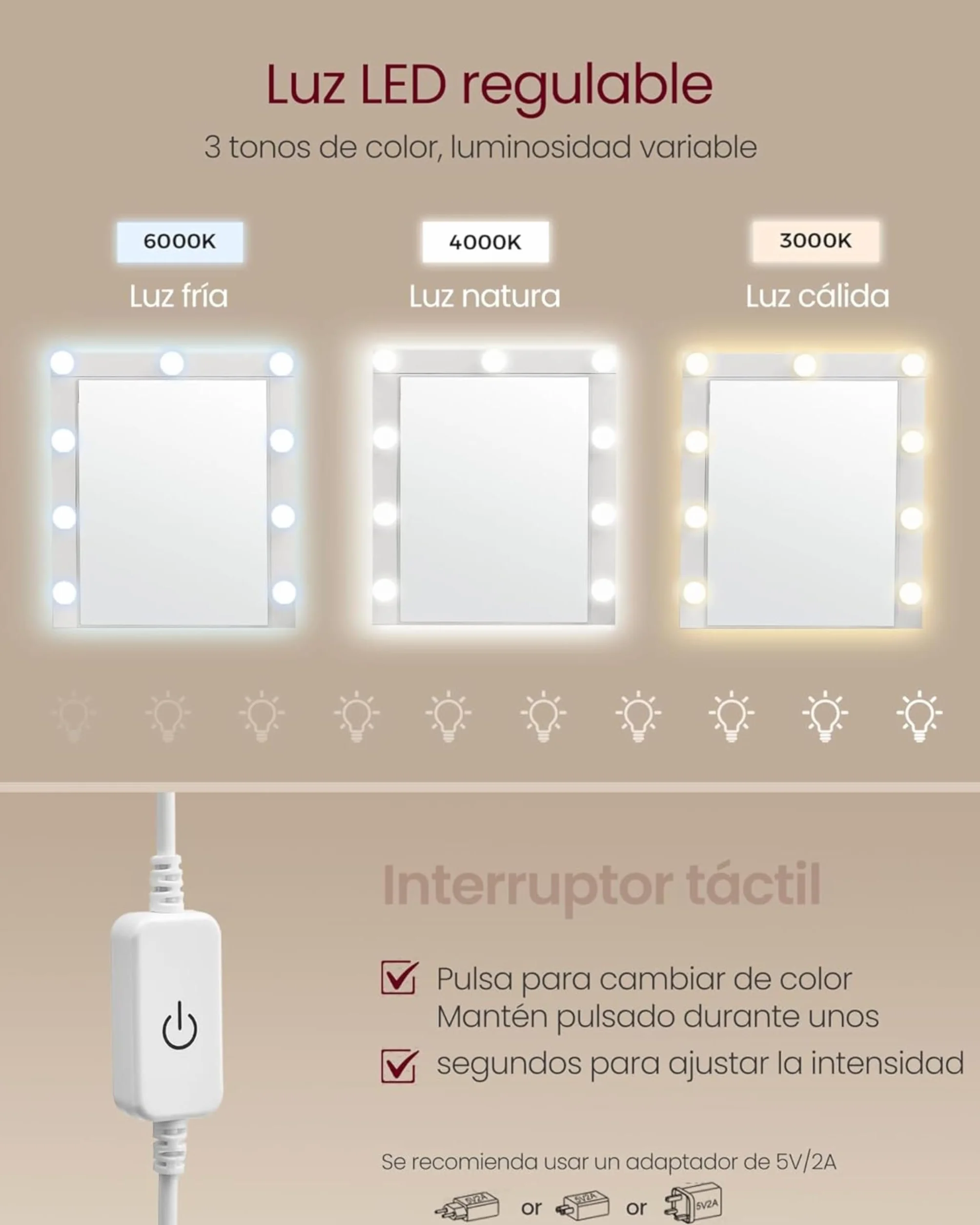 VASAGLE Kailyn Colección Tocador LED Iluminación Regulable 3 Colores Mesa Maquillaje Espejo 2 Cajones 3 Compartimentos Blanco
