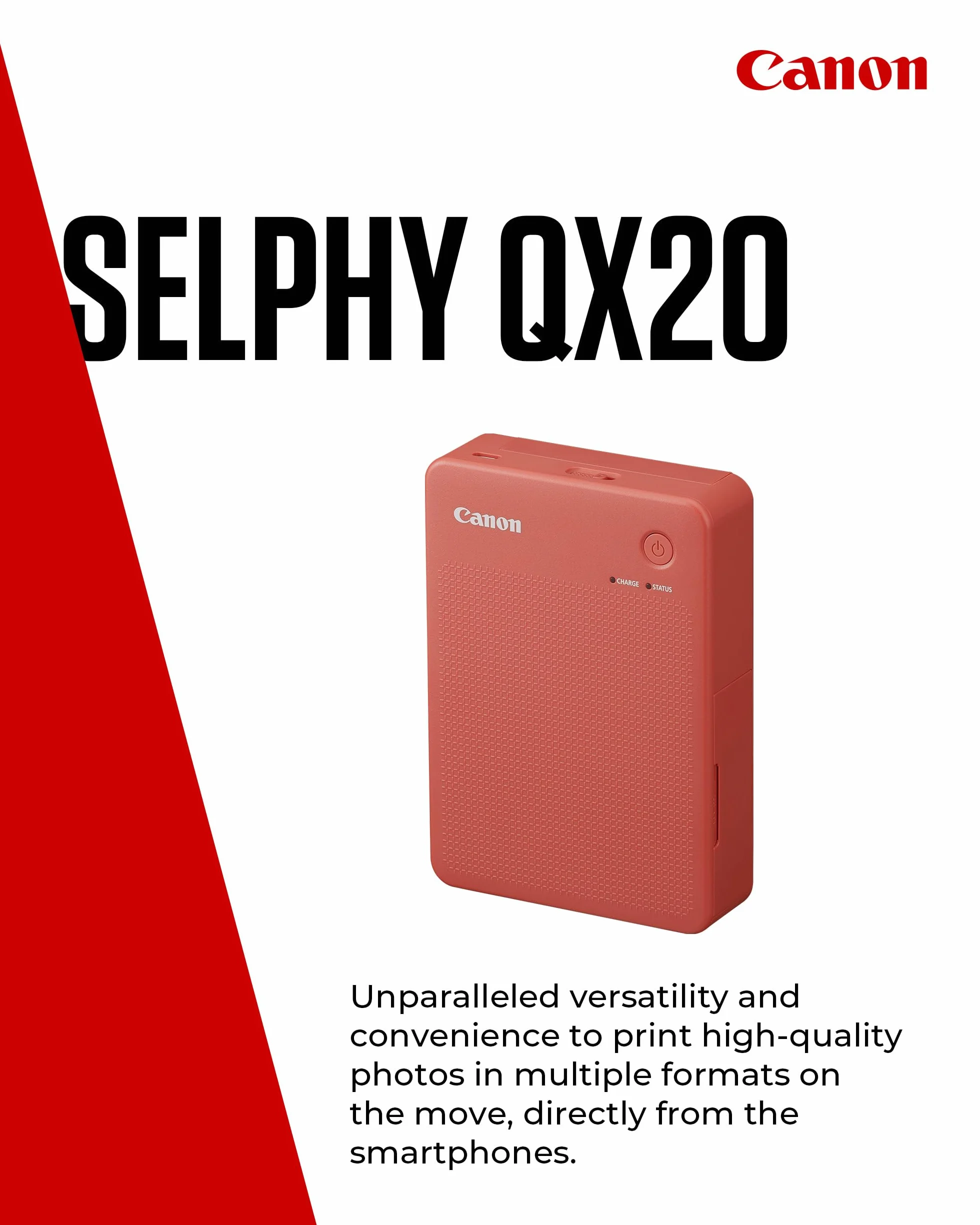 Canon SELPHY QX20: Impresora portátil de Fotos por Wi-Fi, sublimación de Tinta, 2 tamaños con Dorso Autoadhesivo, Carga USB-C. Rojo (Sin Tinta/Papel).