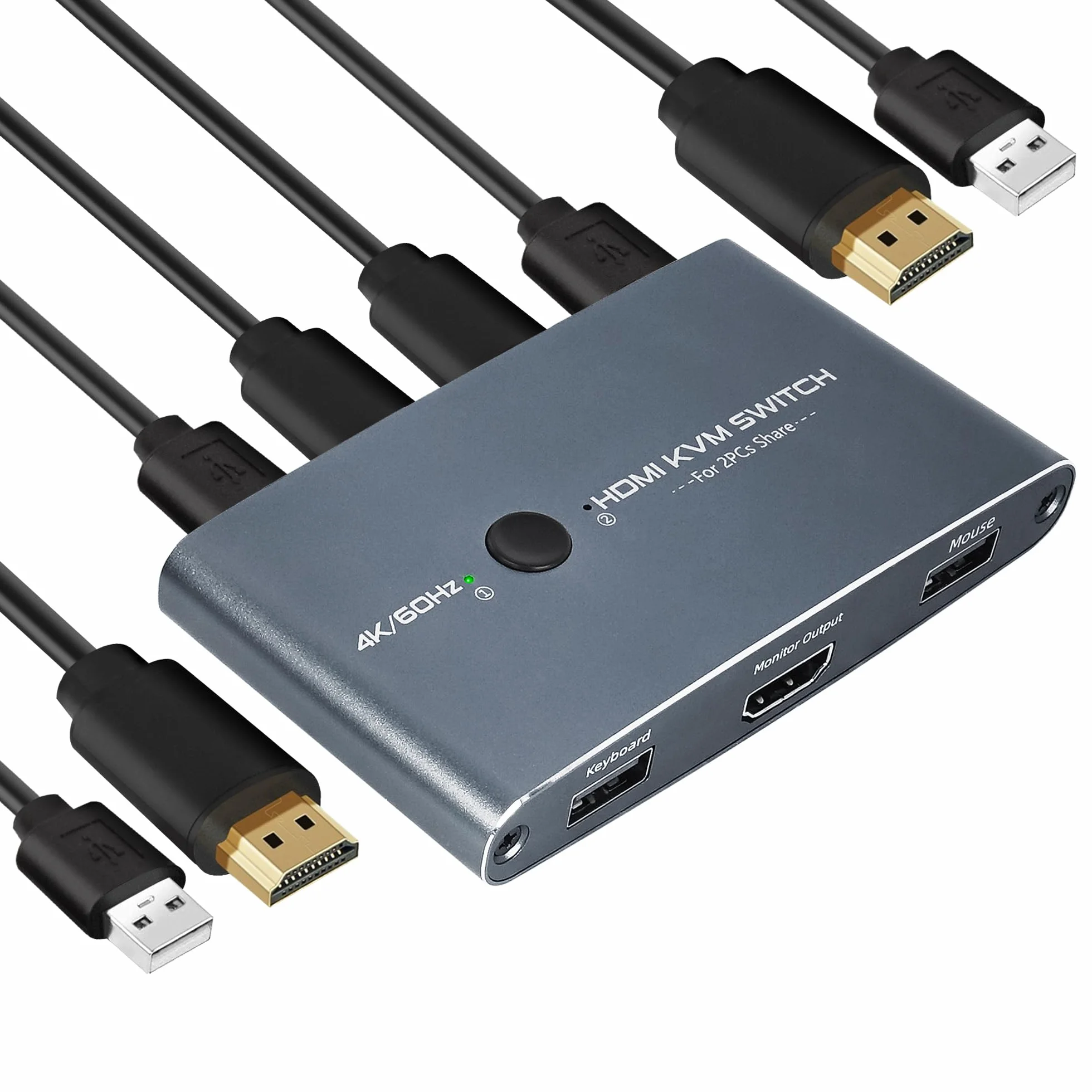 Switch KVM HDMI 2 Puertos 4K 60 Hz, Conmutador Aluminio USB Para 2 Ordenadores Conectar 1 Monitor HD, Teclado, Ratón, Impresora, Disco U