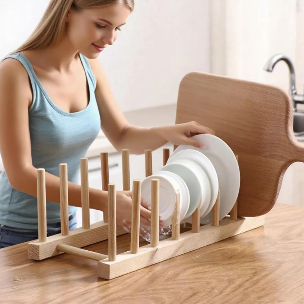 Escurreplatos de Madera Plegable Organizador de Cocina con Soporte para Platos y Vasos