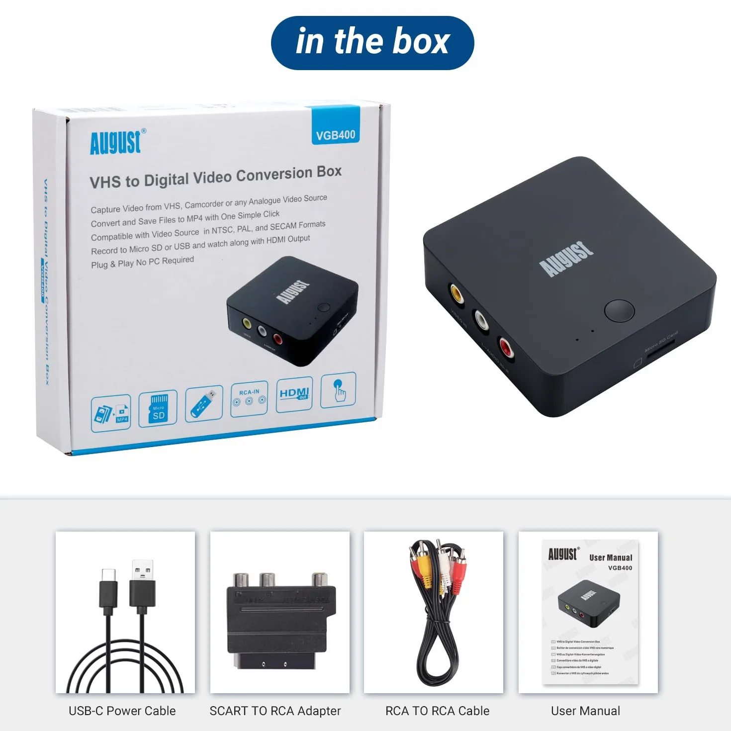 August VGB400 Tarjeta capturadora de vídeo sin PC, Cable RCA para conversión de VHS a Digital, Hi8, Videocámara - Salida a HDMI, grabación en Micro SD o USB Máx. 64 GB - Negro