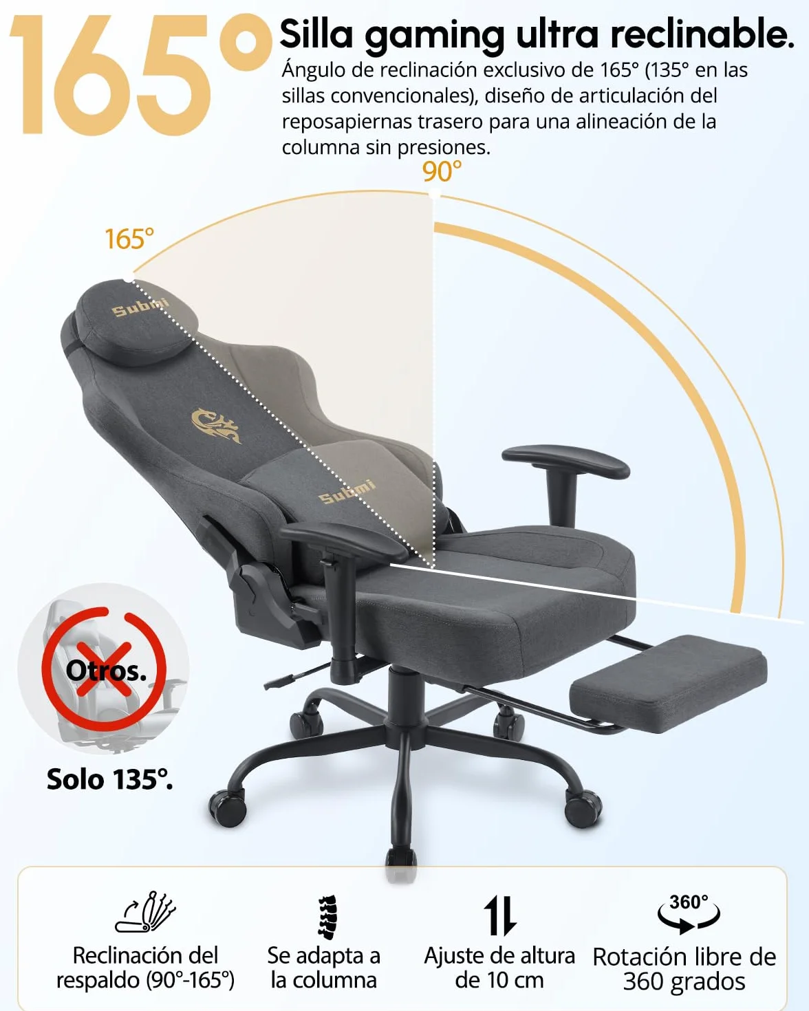 Silla Gaming Ergonómica Réglable Oficina Acolchada PC Gamer Adultos con Reposapiés Soporte Lumbar 150Kg Gris Oscuro