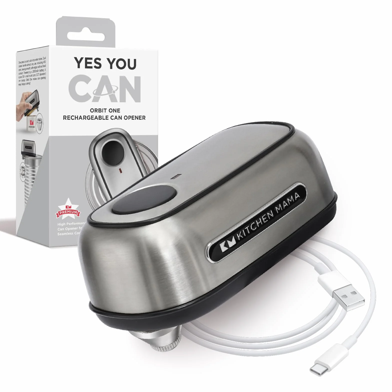 Kitchen Mama Orbit One Abrelatas Recargable Manos Libres Carga Tipo C Apagado Automático Acero Inoxidable