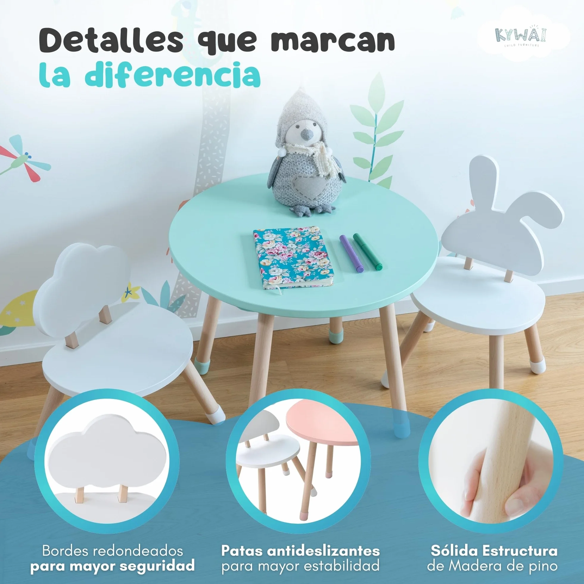Mesa y Silla Infantil Madera Pino Conjunto Mesa Redonda 2 Sillas Blanco