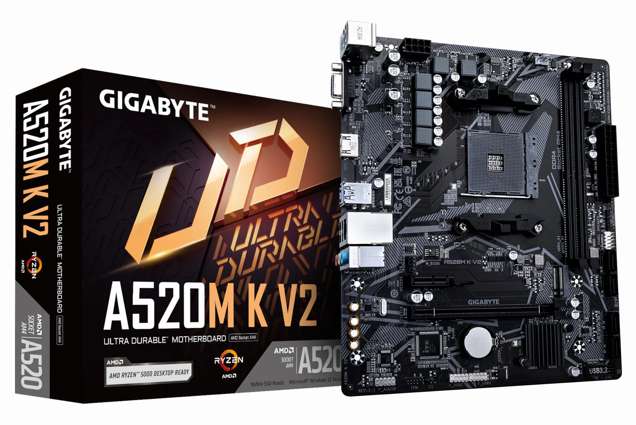 GIGABYTE Placa Base A520M K V2 - Compatible con CPUs AMD Ryzen Serie 5000 AM4, hasta 5100MHz DDR4 (OC), PCIe Gen3 x4 M.2, LAN GbE, USB 3.2 Gen 1