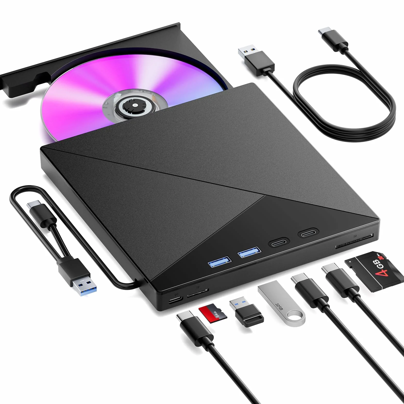 Unidad Externa de CD/DVD para Ordenador Portátil, Grabadora de DVD y Lector de CD 7 en 1 con USB 3.0 y Type-C con Lector de Tarjetas SD/TF y Concentrador USB para Windows11/10/8/7/Mac/Linux/PC