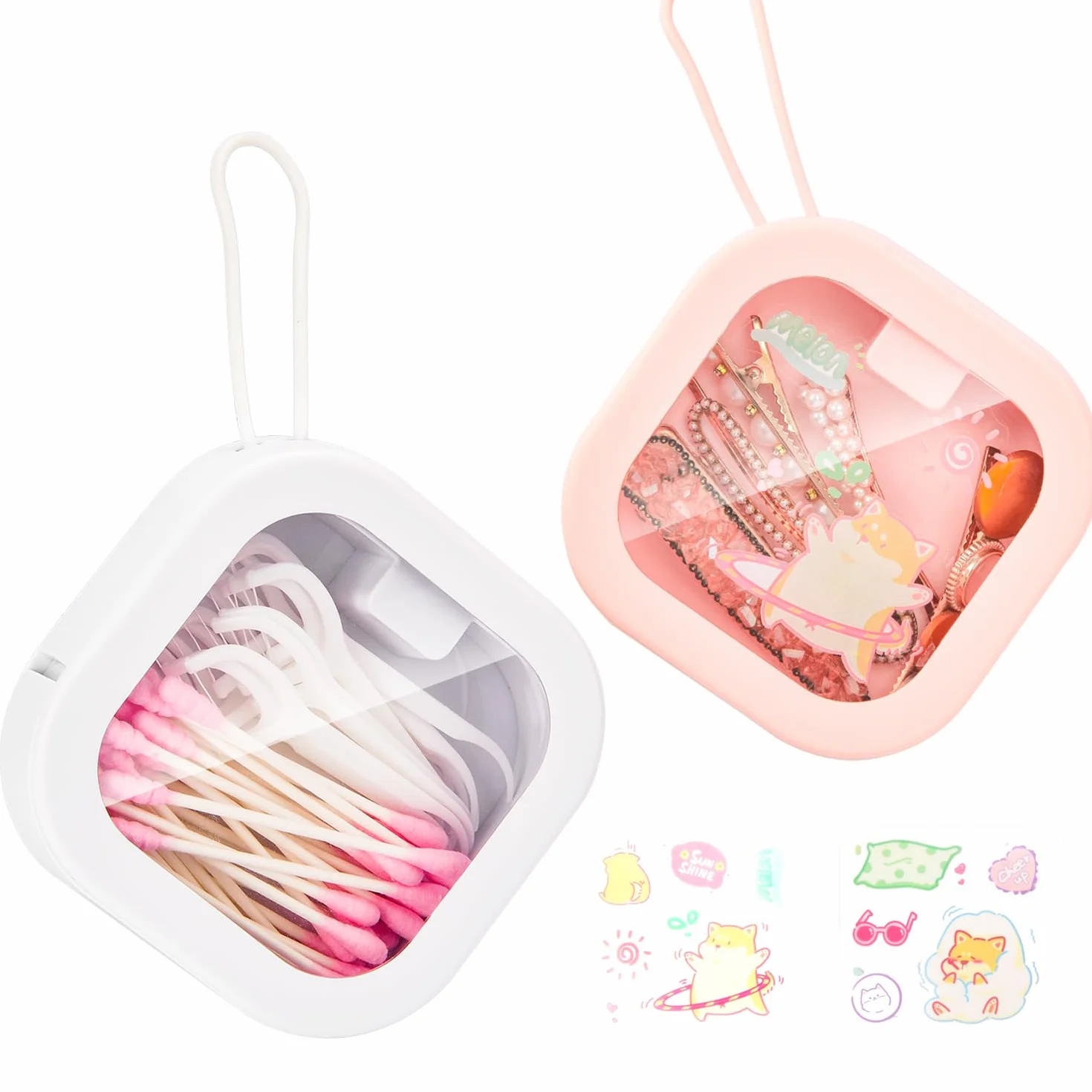 2 organizadores de lazos para el pelo, soporte portátil para joyas, manualidades, dispensador de viaje, caja de almacenamiento pequeña apilable para almohadillas de algodón, hisopos,