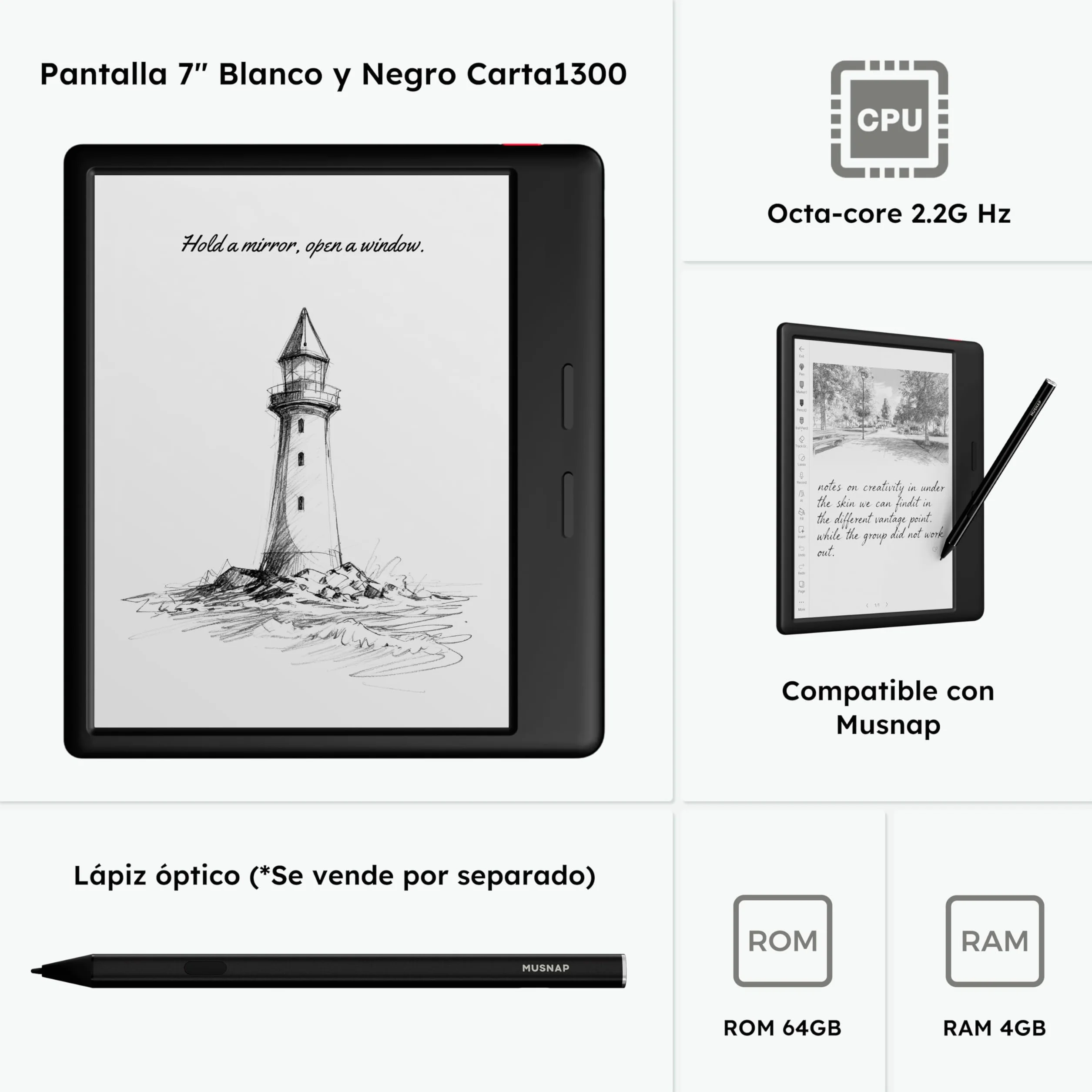 Ocean - Lector de libros electrónicos de 64 GB + 4 GB de 7 pulgadas compatible con escritura a mano, tableta de papel de tinta electrónica de 7 pulgadas con batería de larga duración para leer