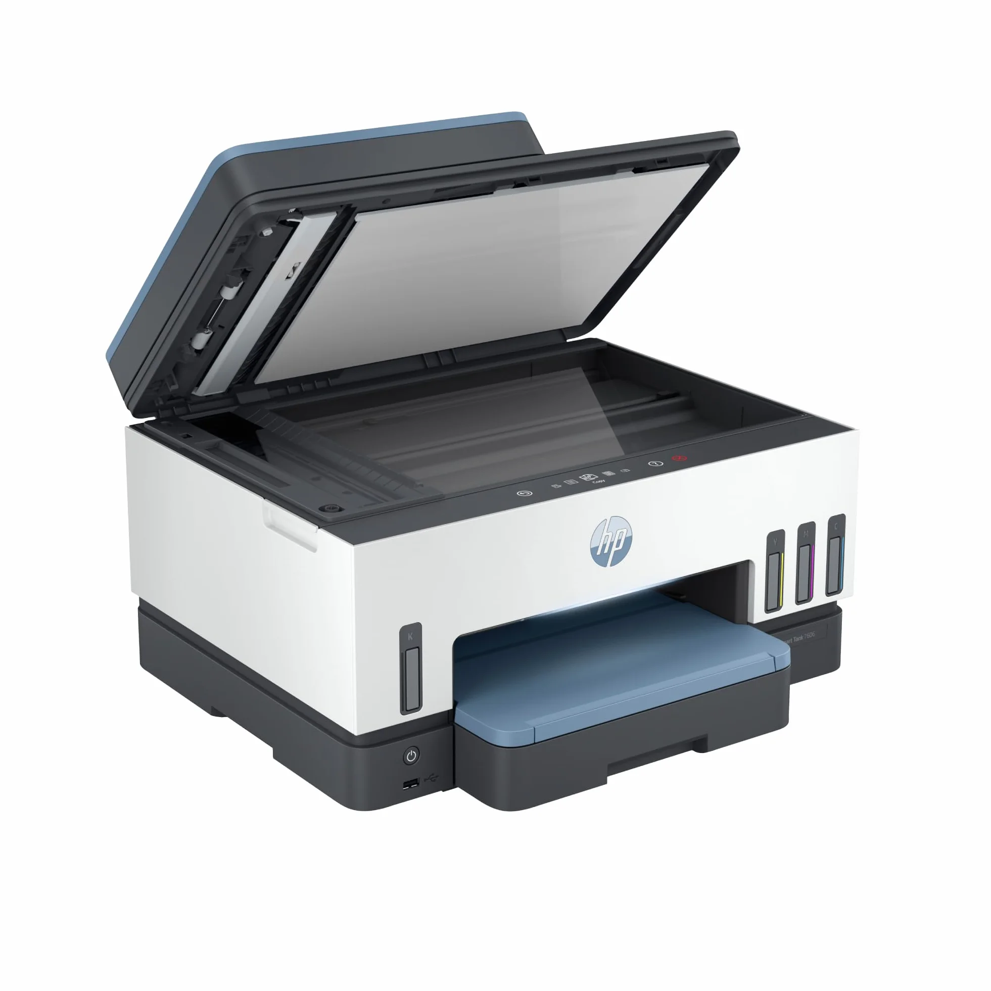 HP Smart Tank 7606 28C03A - Impresora A4 Multifunción con Deposito de Tinta Recargable, Impresión a Color, Escaner, Copiadora, Fax, Wi-Fi, Smart App, Blanco y Azul