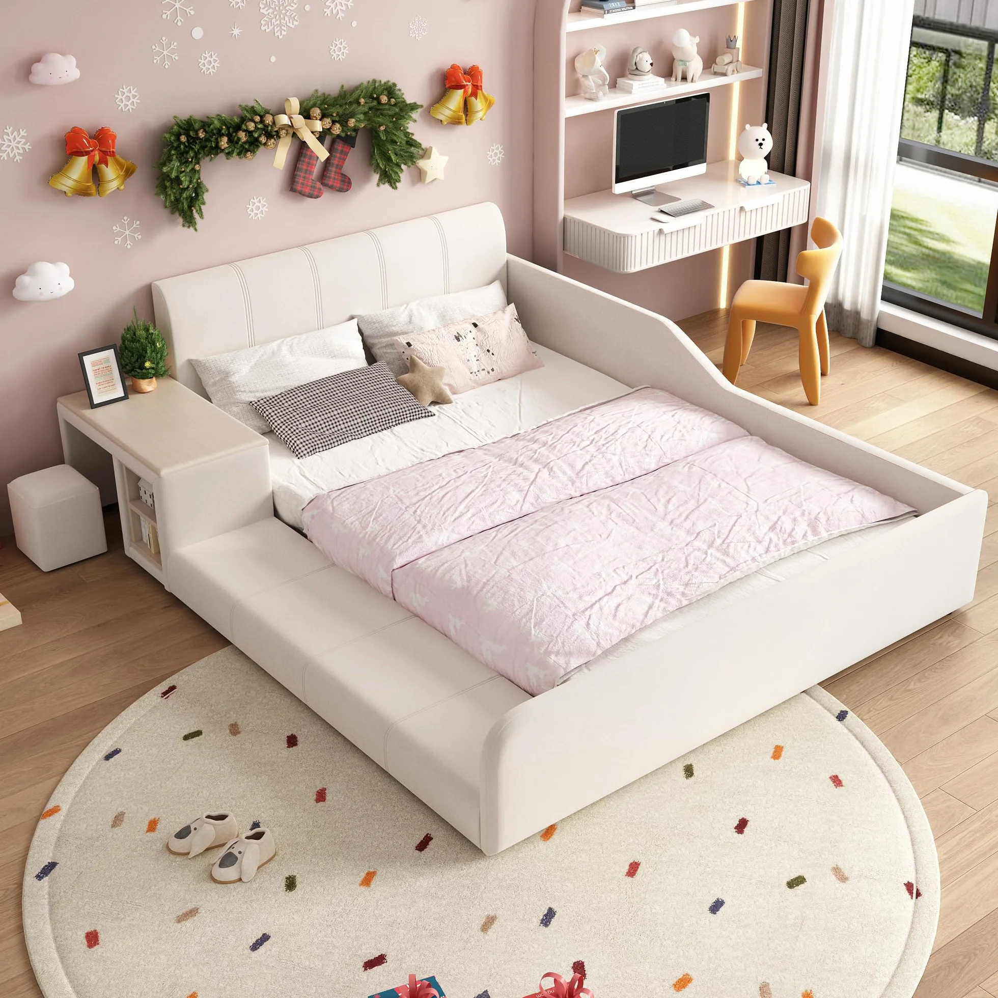 Cama tapizada con escritorio infantil y taburete, con estante, cabecero suave, cama infantil con listones de madera, terciopelo, blanco, 140 x 200 cm
