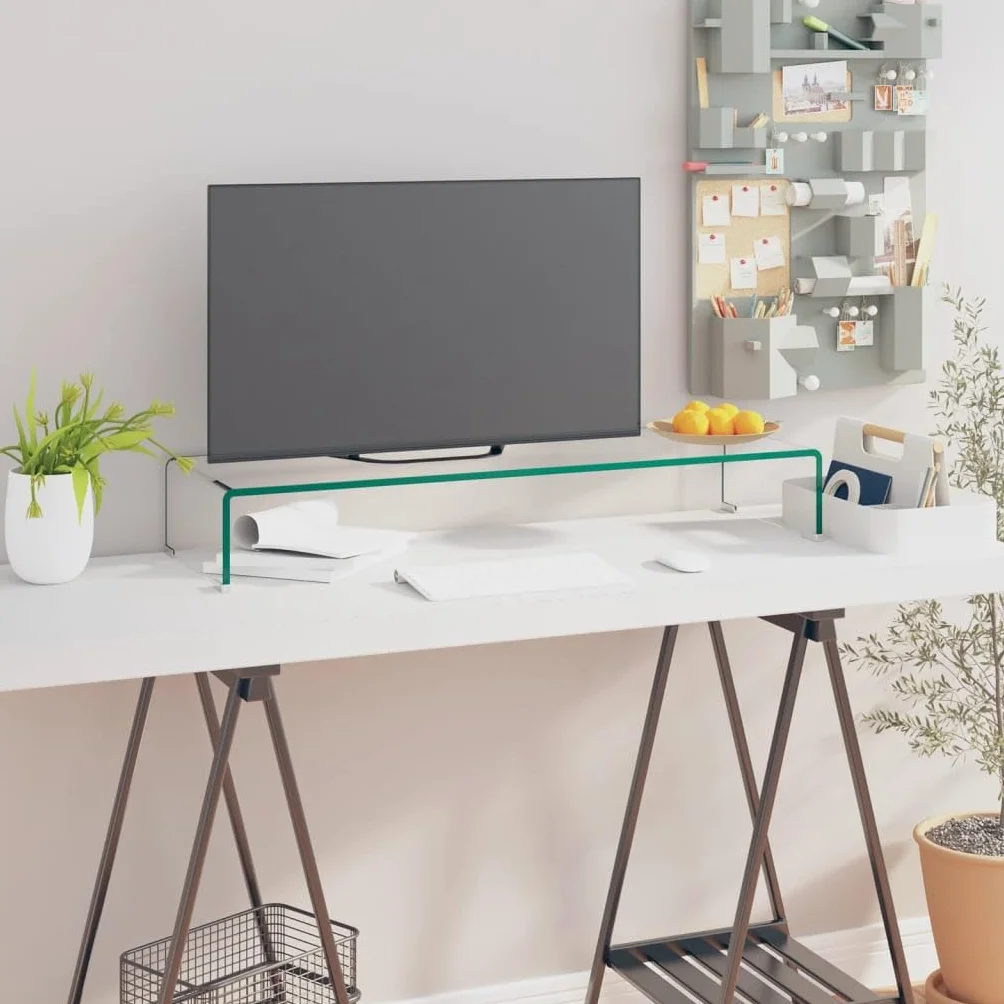 Soporte de TV/monitor elevador de cristal transparente 90 x 30 x 13 cm soporte de pantalla, elevador de escritorio de madera para monitor y portátil
