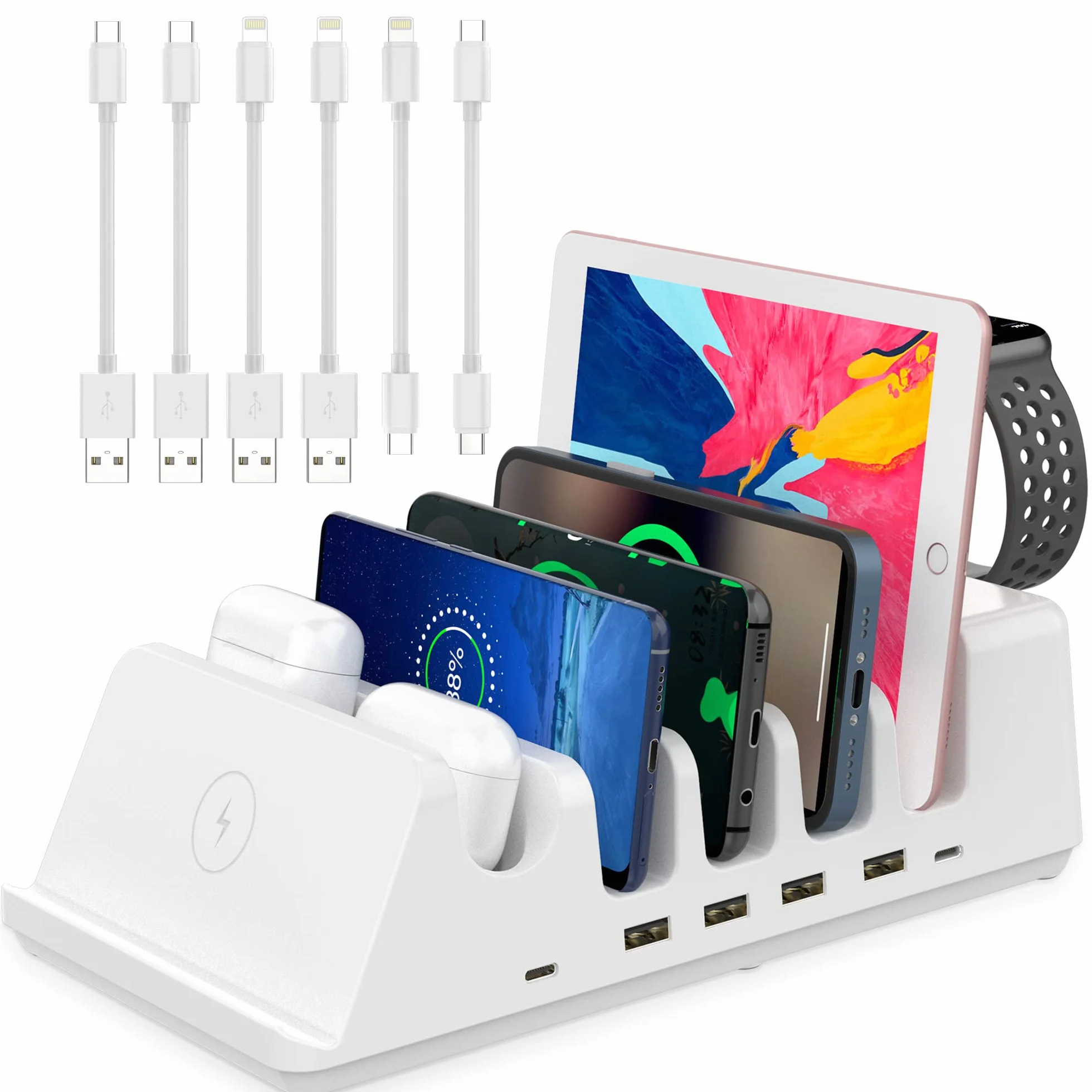 AGVEE Estación de carga multiUSB 7 en 1 de 140 W con múltiples cables, 3 bases de carga inalámbricas para iPad, teléfono, teléfono celular, tableta Android, múltiples dispositivos, color blanco