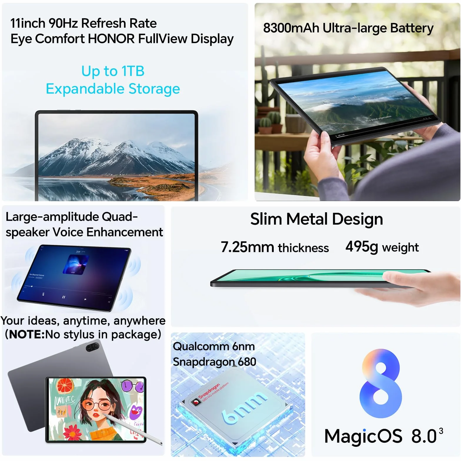 Honor Pad X8A 4GB 128GB, Ampliable hasta 1TB, WiFi Tablet, Pantalla de 11 Pulgadas 90Hz, Snapdragon 680, 4 Altavoces, Batería 8300mAh, Cuerpo Metálico, Android 14, Google Service, Gris