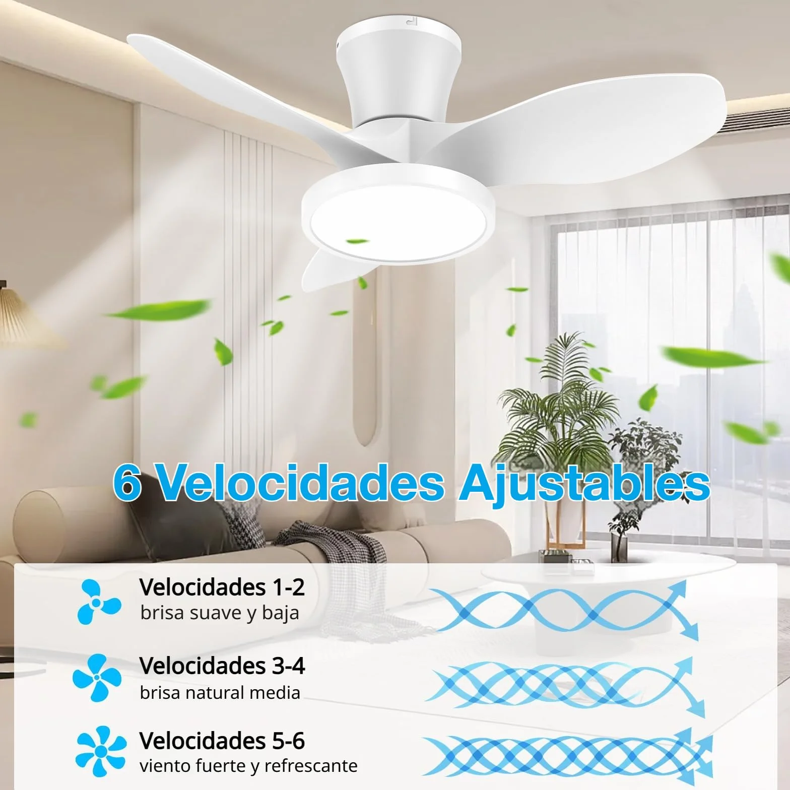 ocioc Ventilador de Techo LED 81cm Blanco Mando a Distancia Motor DC Reversible 6 Velocidades