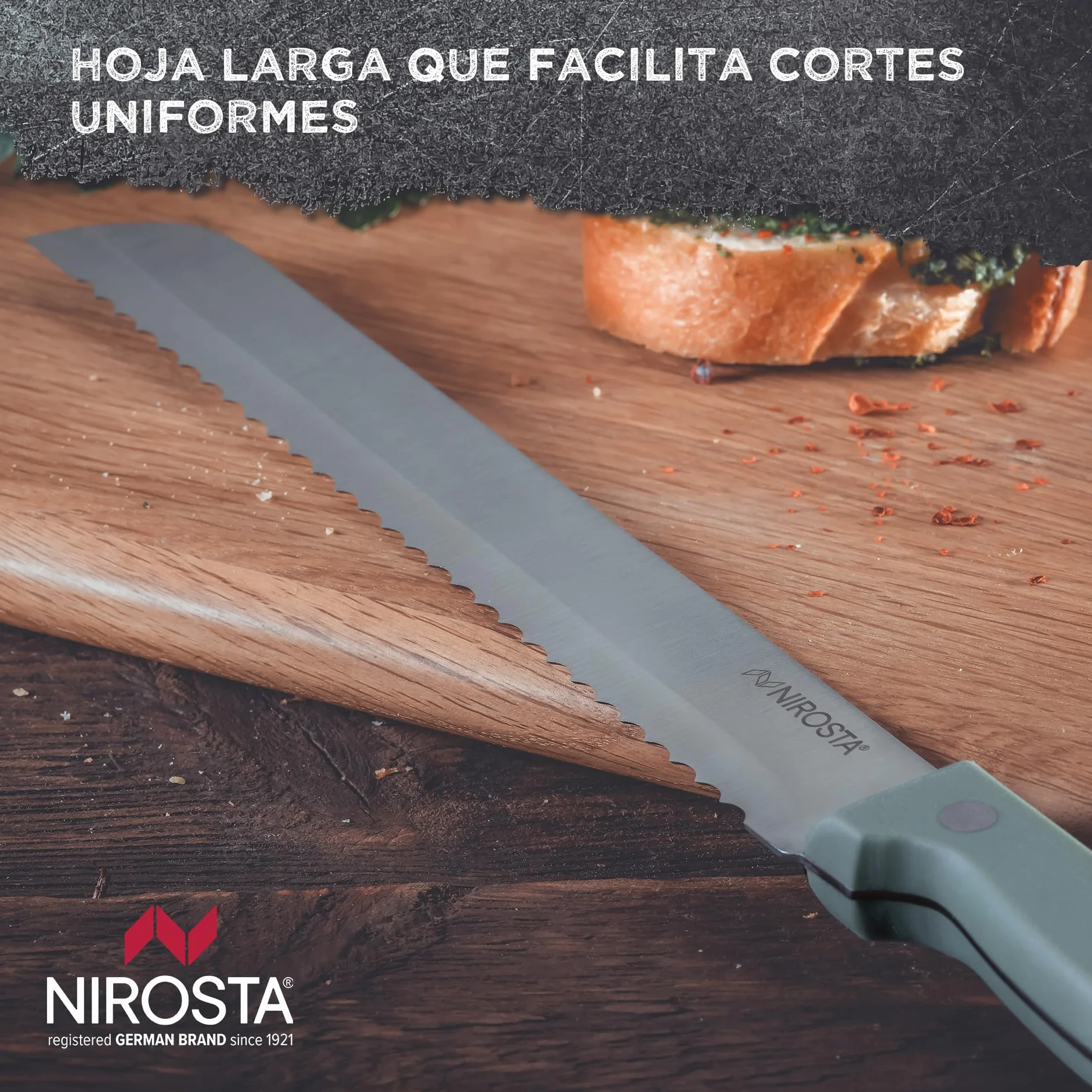 Nirosta Trio Cuchillo de Pan 32 cm, Hoja 20 cm Acero Inoxidable CCr, Mango POM, Corte Preciso, Verde Smoke