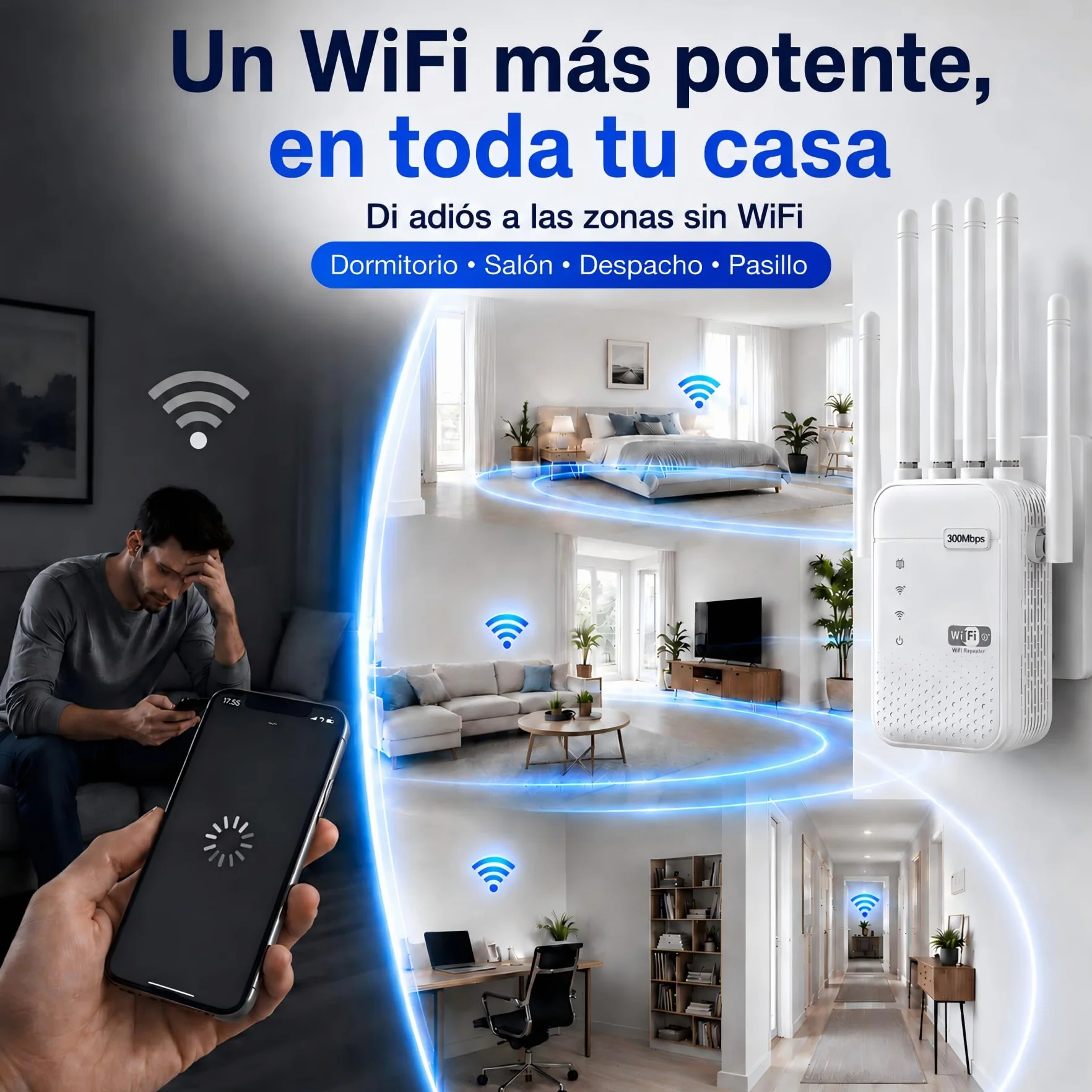 Repetidor WiFi Largo Alcance, Amplificador Señal WiFi, Señal Cobertura hasta 1200 m² para 50 Dispositivos, Extensor de WiFi con 6 Antenas, 2 Puertos Ethernet, Compatible con Todos los Routers