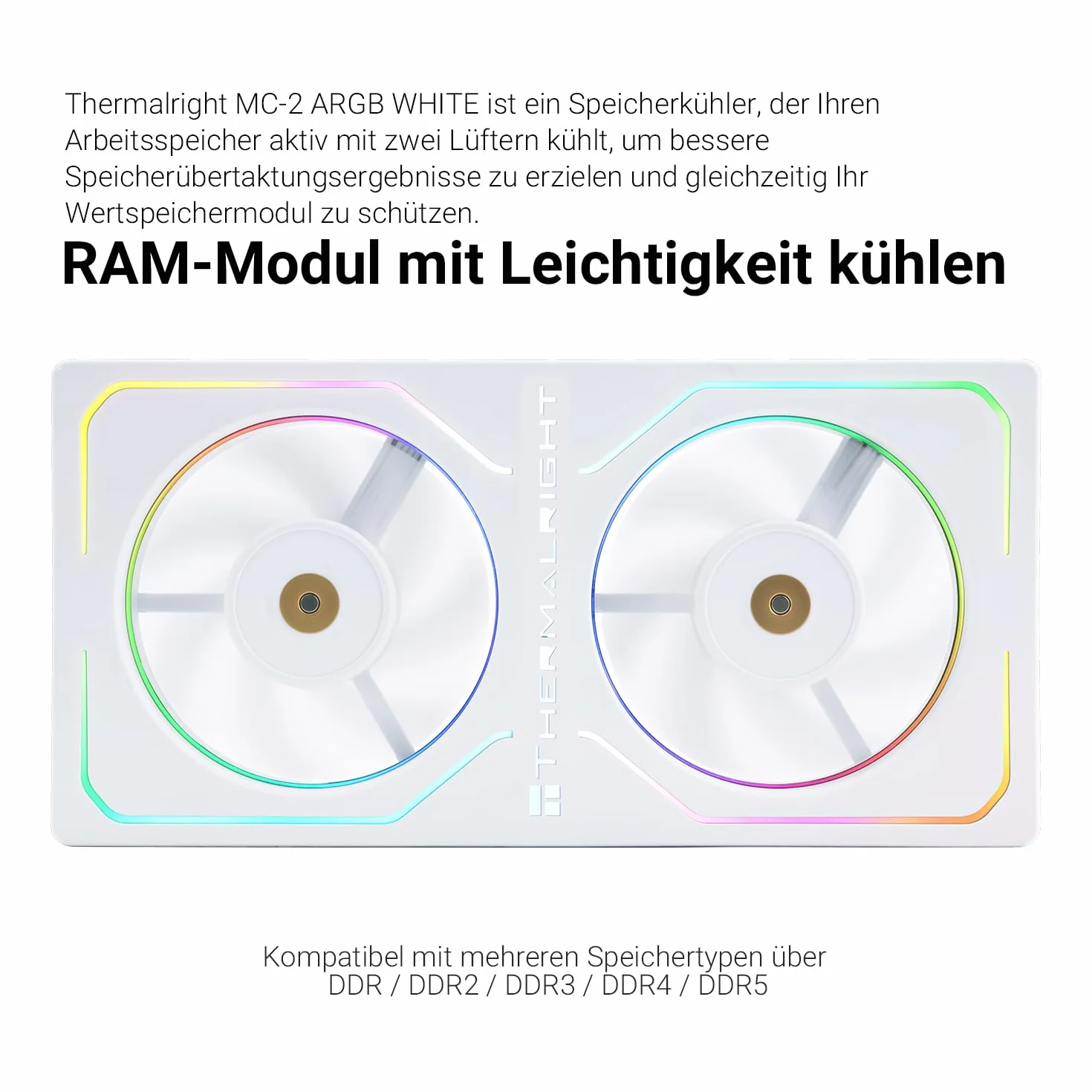 Thermalright MC-2 ARGB White Memory Cooler, ventilador dual con diseño PWM de 3200 rpm, enfriador RAM silencioso, flujo de aire de 16,17 CFM para kits de RAM DDR5/DDR4 de escritorio (blanco)