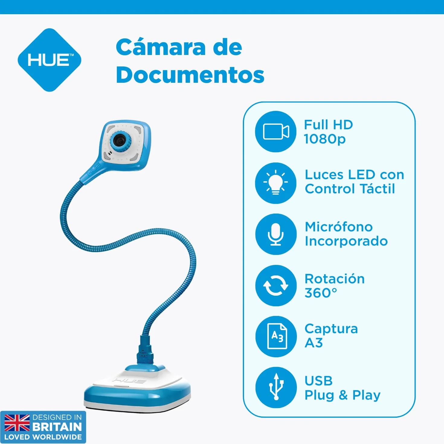 HUE HD Pro Cámara de Documentos USB Flexible Azul