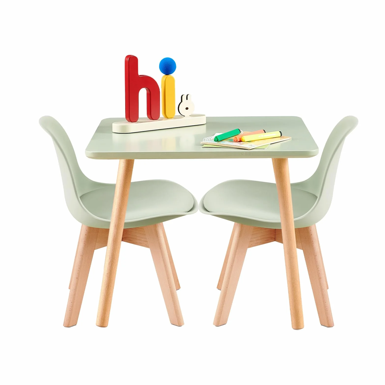 Mesa Infantil con 2 sillas, Grupo de Asientos Infantiles, de Madera de Haya Maciza sostenible FSC, niños de 1 a 6 años, mobiliario Infantil para Habitaciones Infantiles, guarderías, Verde