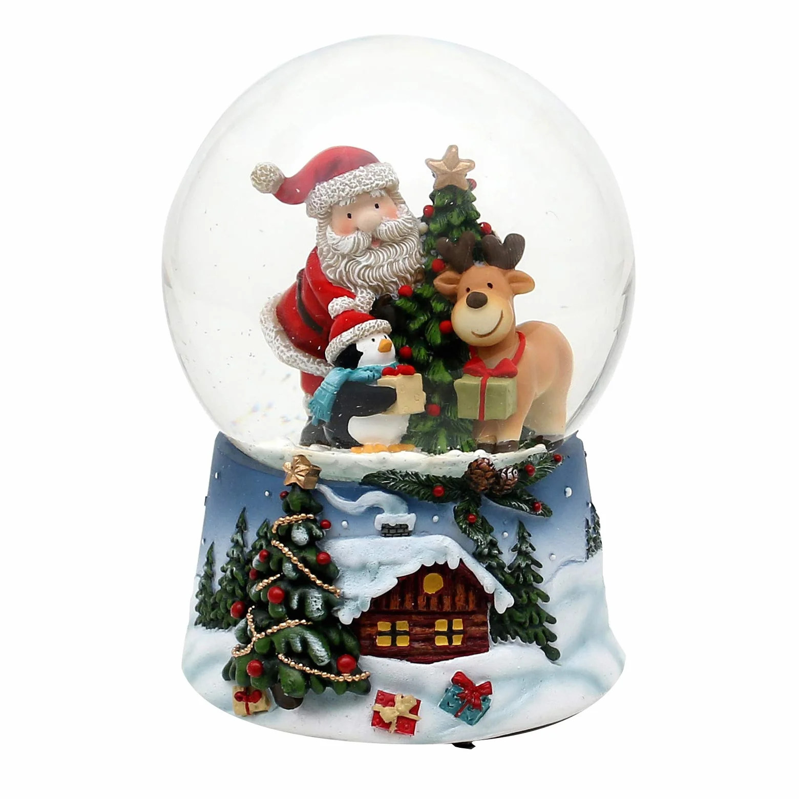 Dekohelden24 Bola de Nieve Santa Reno Pingüino Base Azul Paisaje Navideño Mecanismo Musical White Christmas