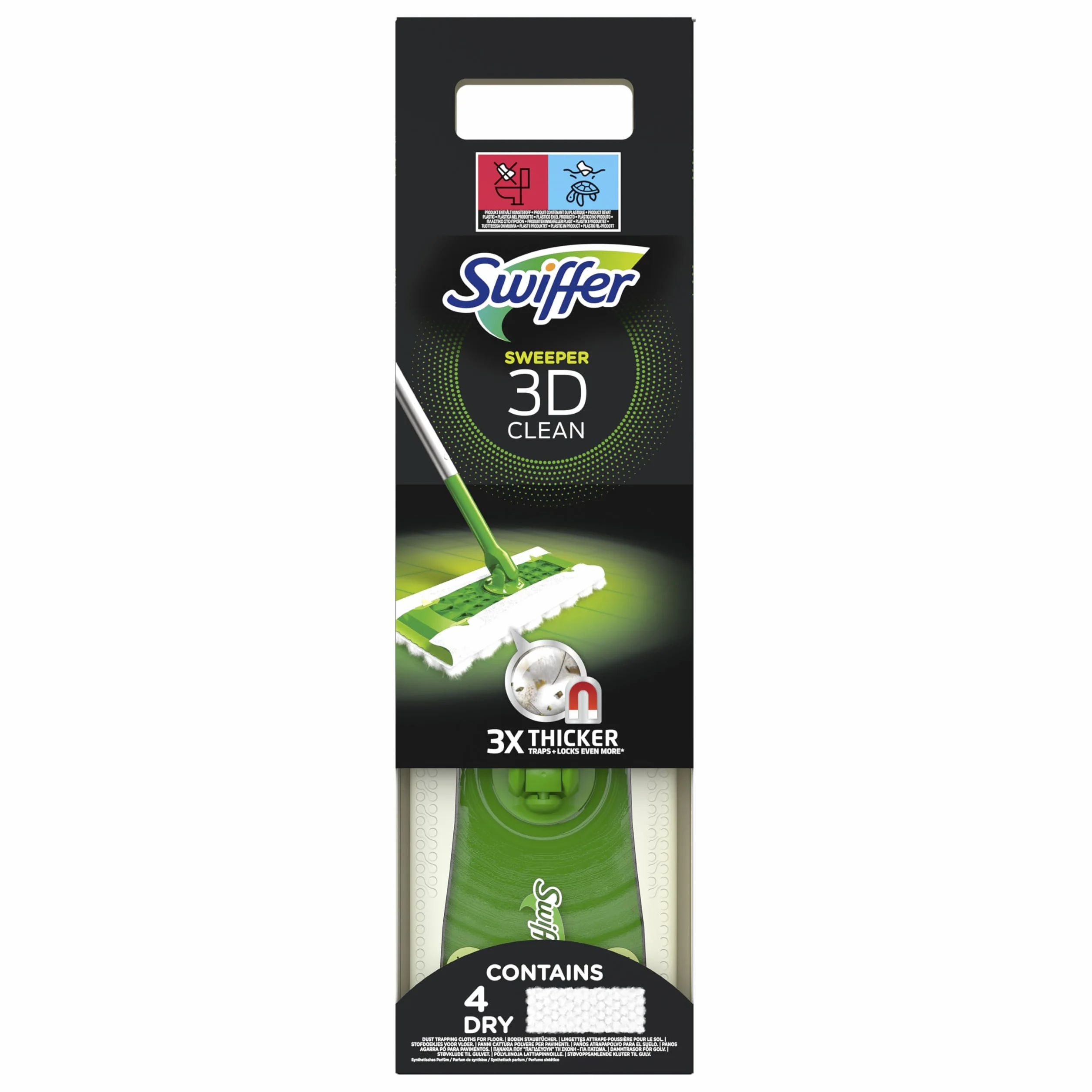 Swiffer - Escoba para el polvo (3D, limpio, 1 escoba + 4 toallitas secas + 2 toallitas húmedas), atrapa y retiene el polvo incluso en las grietas, para el pelo de animales