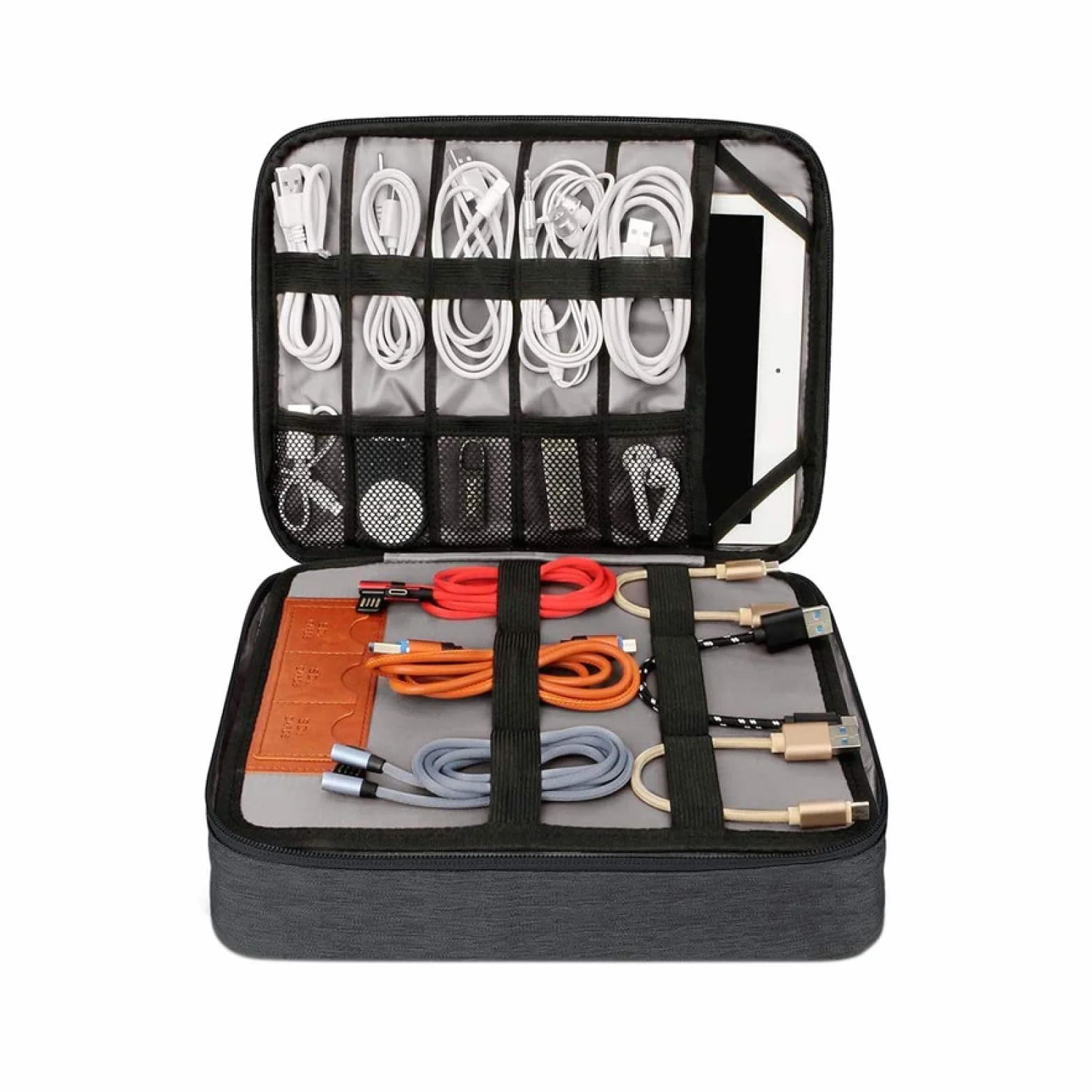 Bolsa organizadora cables viaje, organizador de accesorios electrónicos, bolsa para cargadores y cables (Tuba, Negro)