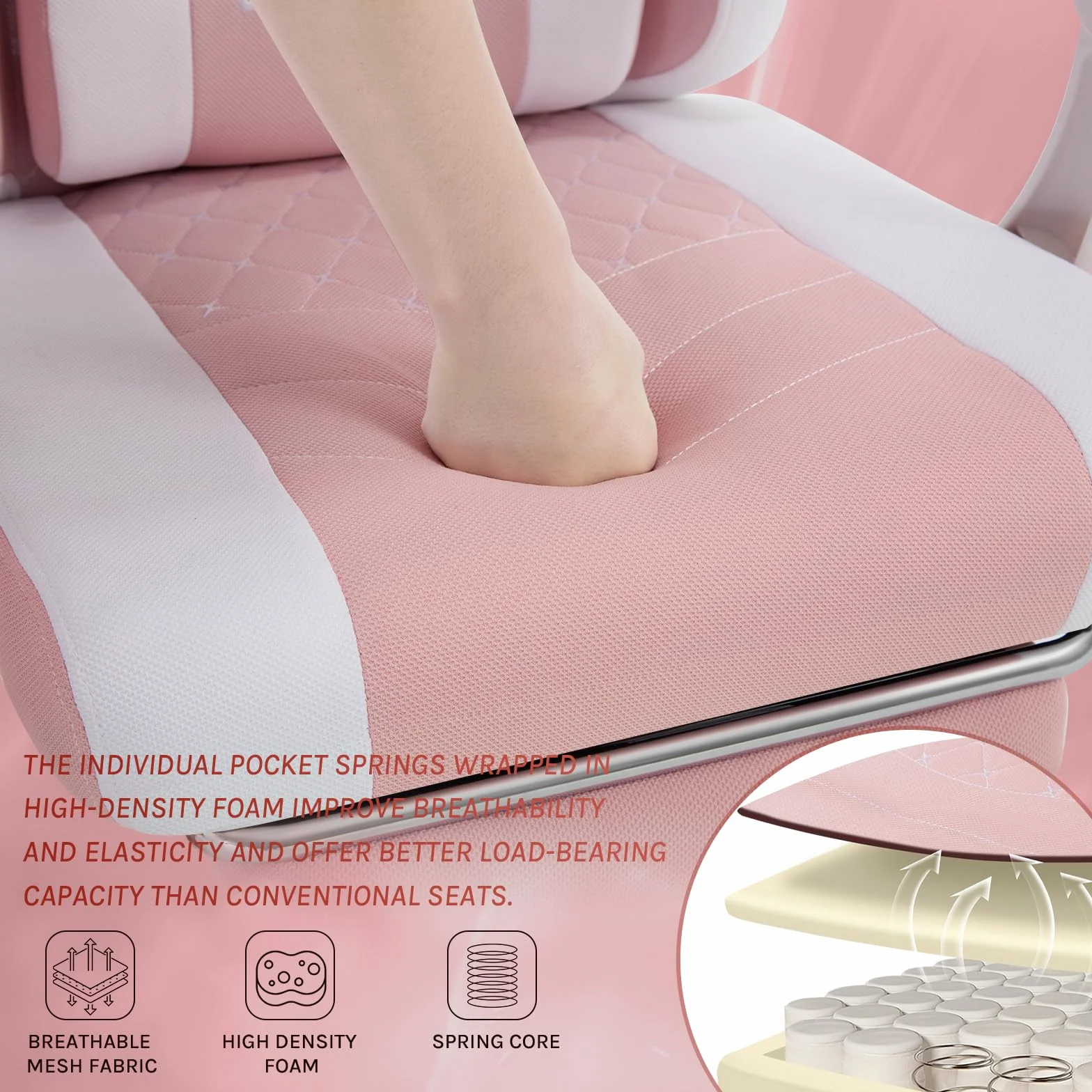 WOLTU Silla de Gaming Ergonómica, Soporte Lumbar Masaje, Reposapiés Extraíble, 150 kg, Malla, Rosa+Blanco