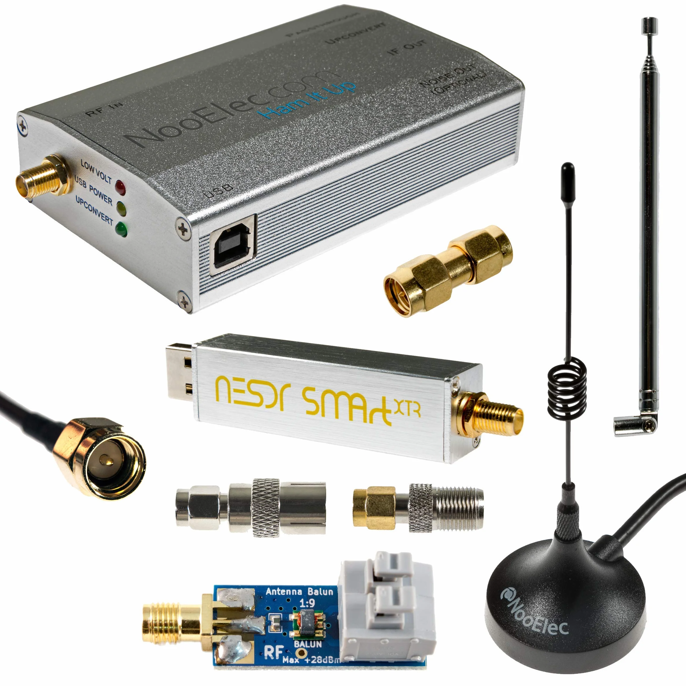Paquete NESDR SMArt XTR HF: 300Hz-2.3GHz Conjunto de Radio Definido por Software Para LF/HF/UHF/VHF. Incluye NESDR SMArt XTR RTL-SDR, Convertidor Montado Ham It Up Plus, 3 Antenas, Balun, Adaptadores