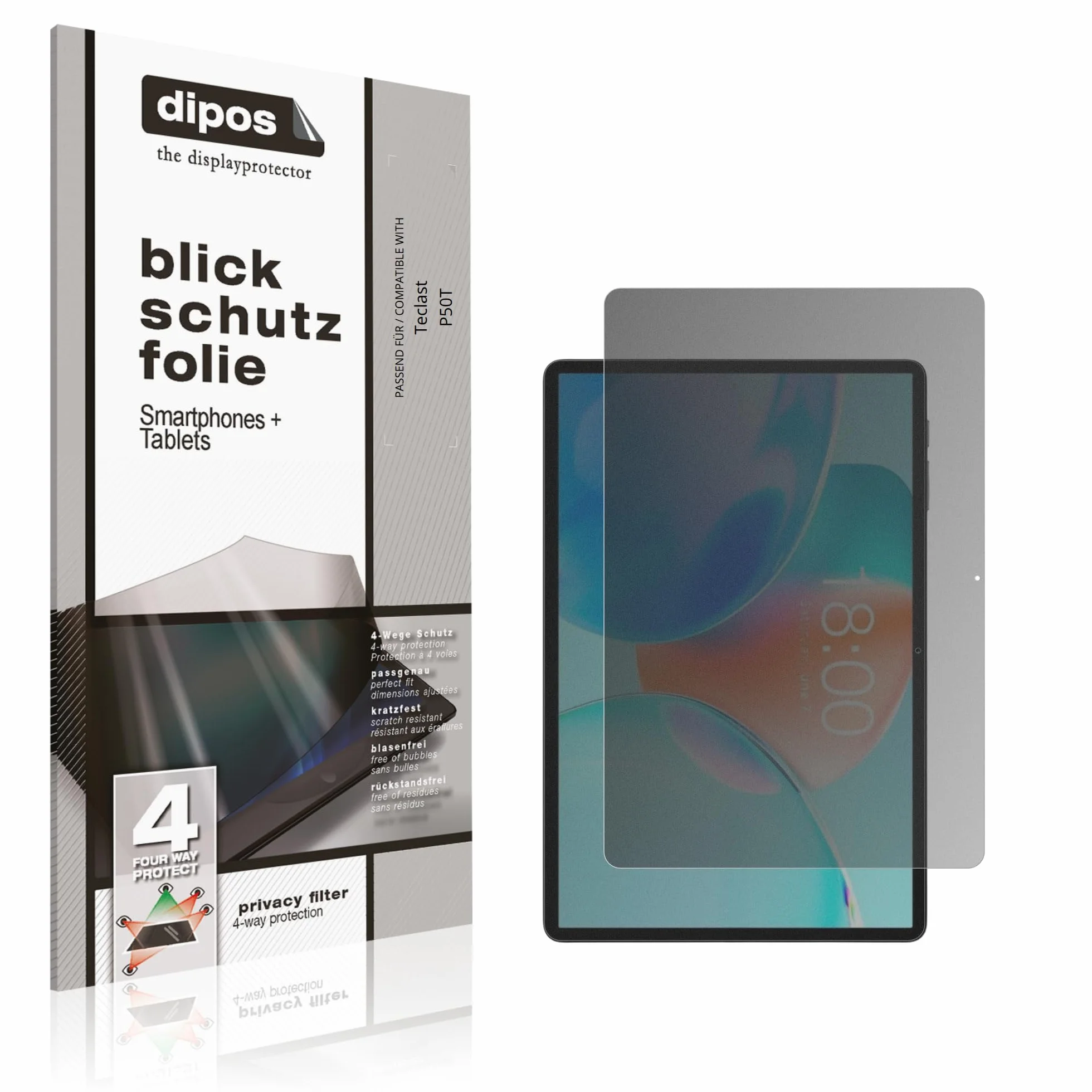 dipos Protector de Pantalla Antiespía para Teclast P50T | Película protectora mate, filtro de privacidad 4 vías, ajuste perfecto, antiarañazos, sin burbujas, autoadhesivo