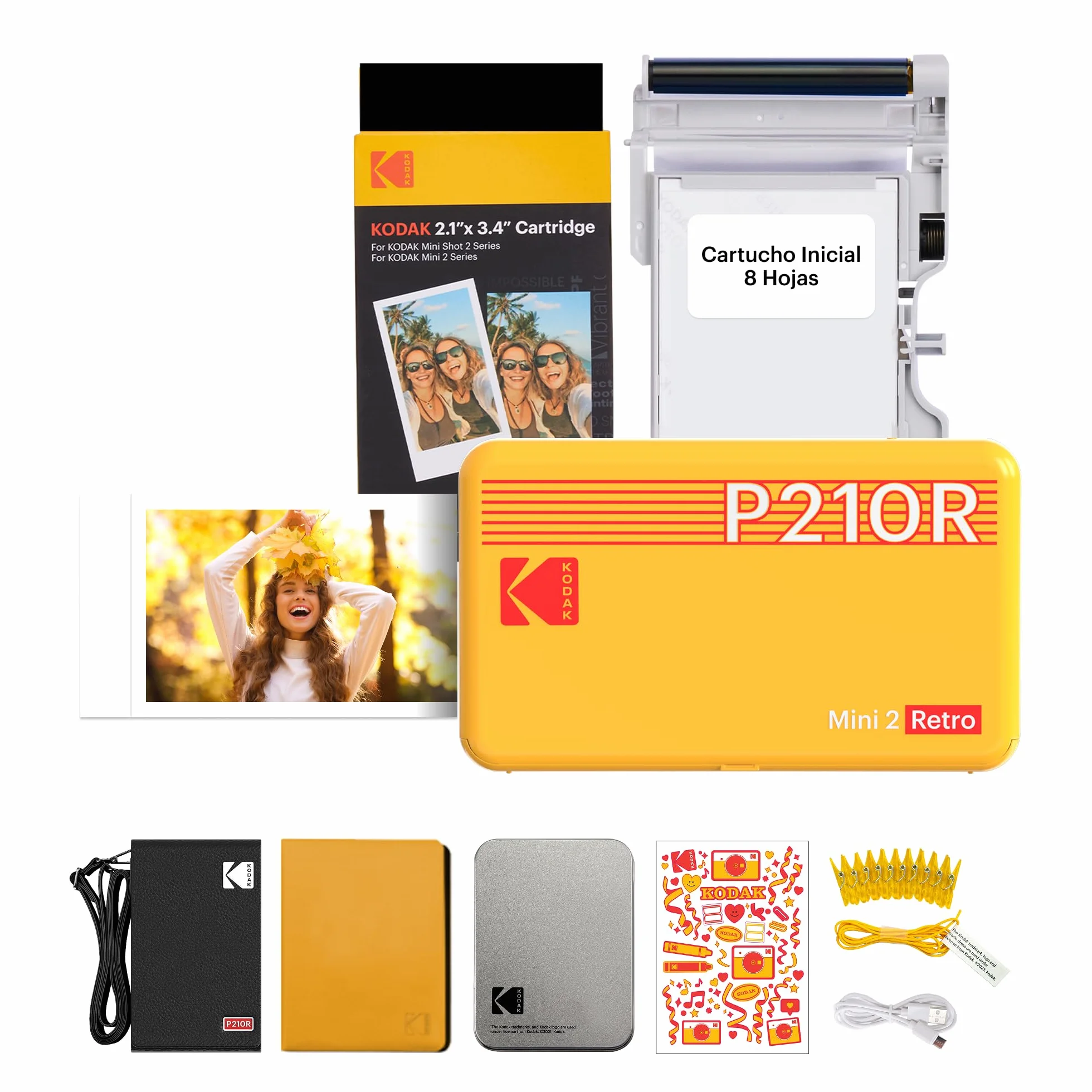 KODAK Mini 2 Retro 4Pass Impresora de Fotos Portátil (5,3x8,6cm) + Pack de Regalo con 68 Hojas (8 Hojas Iniciales + 60 Hojas) - Amarillo