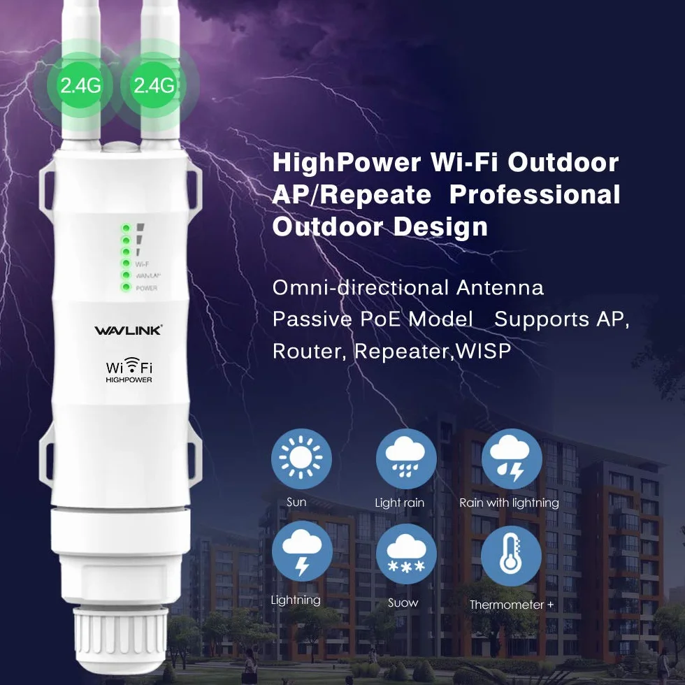 WAVLINK Repetidor WiFi Largo Alcance WiFi Exterior Potente, Amplificador Señal WiFi Antena WiFi Extender Wavlink N300 2.4G, Outdoor PoE Punto de Acceso WiFi, para Grandes Espacios Remotos