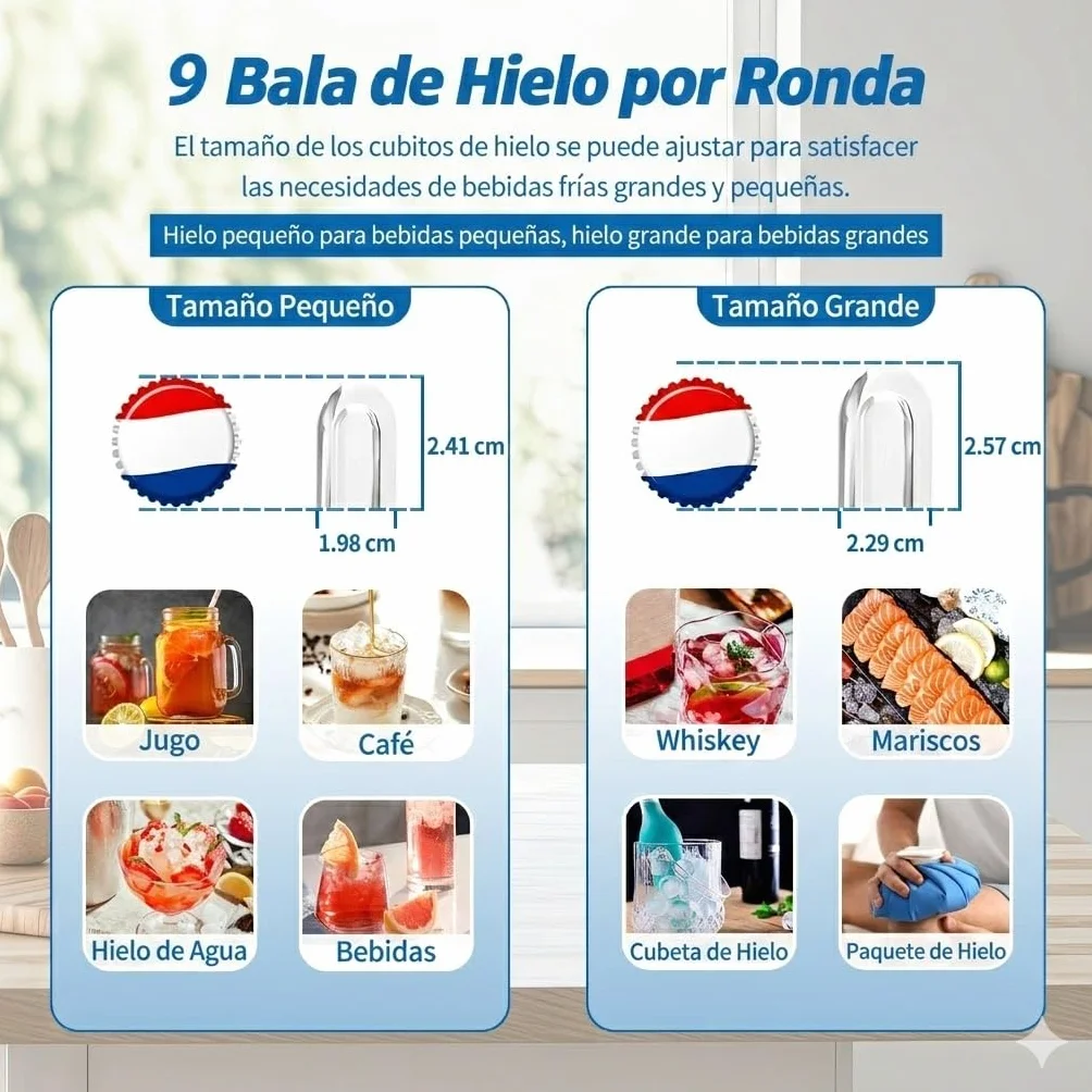 Máquina de hielo de sobremesa 12 kg/24h, 9 bolas en 6 min, portátil autolimpieza