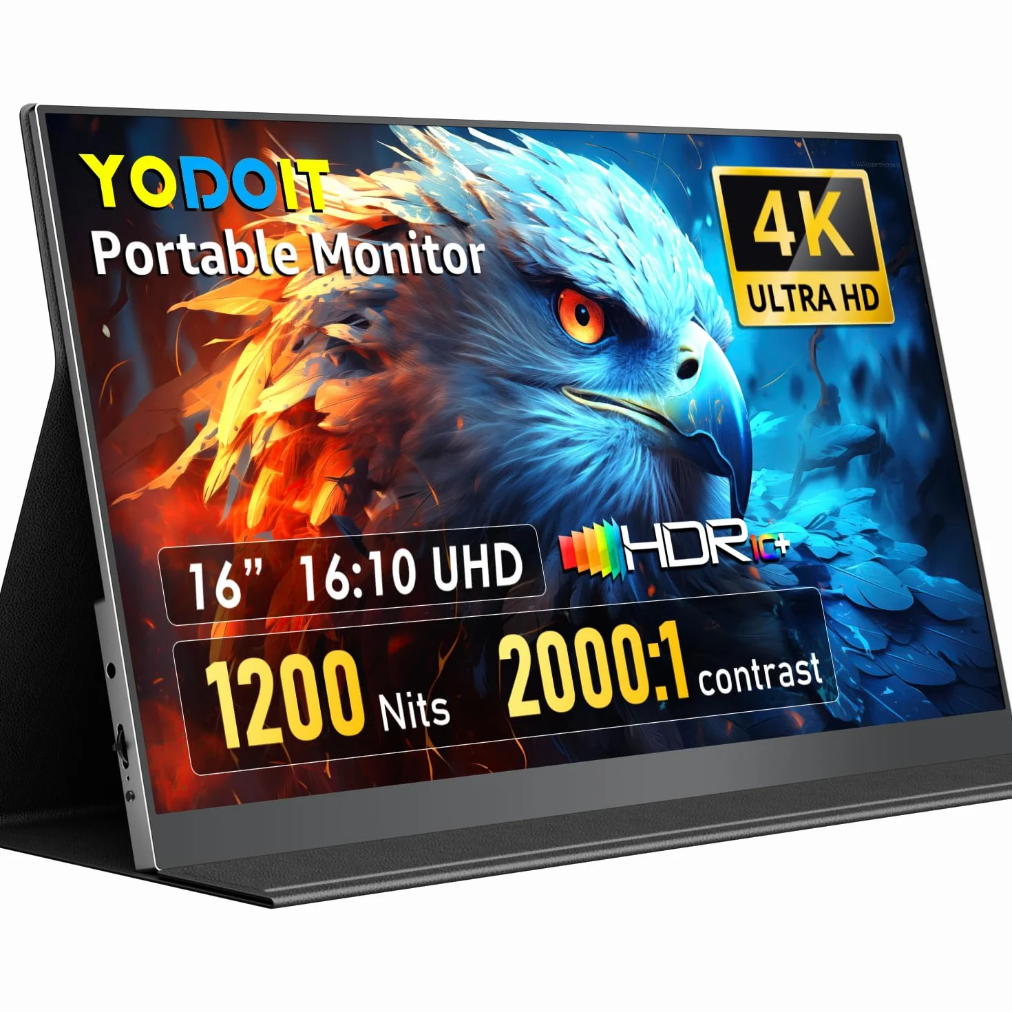 Yodoit Monitor Portátil 16" 4K, 3840 x 2400 UHD 1200 Nits con Cubierta Inteligente, Pantalla Portatil IPS con USB C, Mini-HDMI, Altavoces Duales, para PC, portátil, MacBook, Game Console, Teléfono