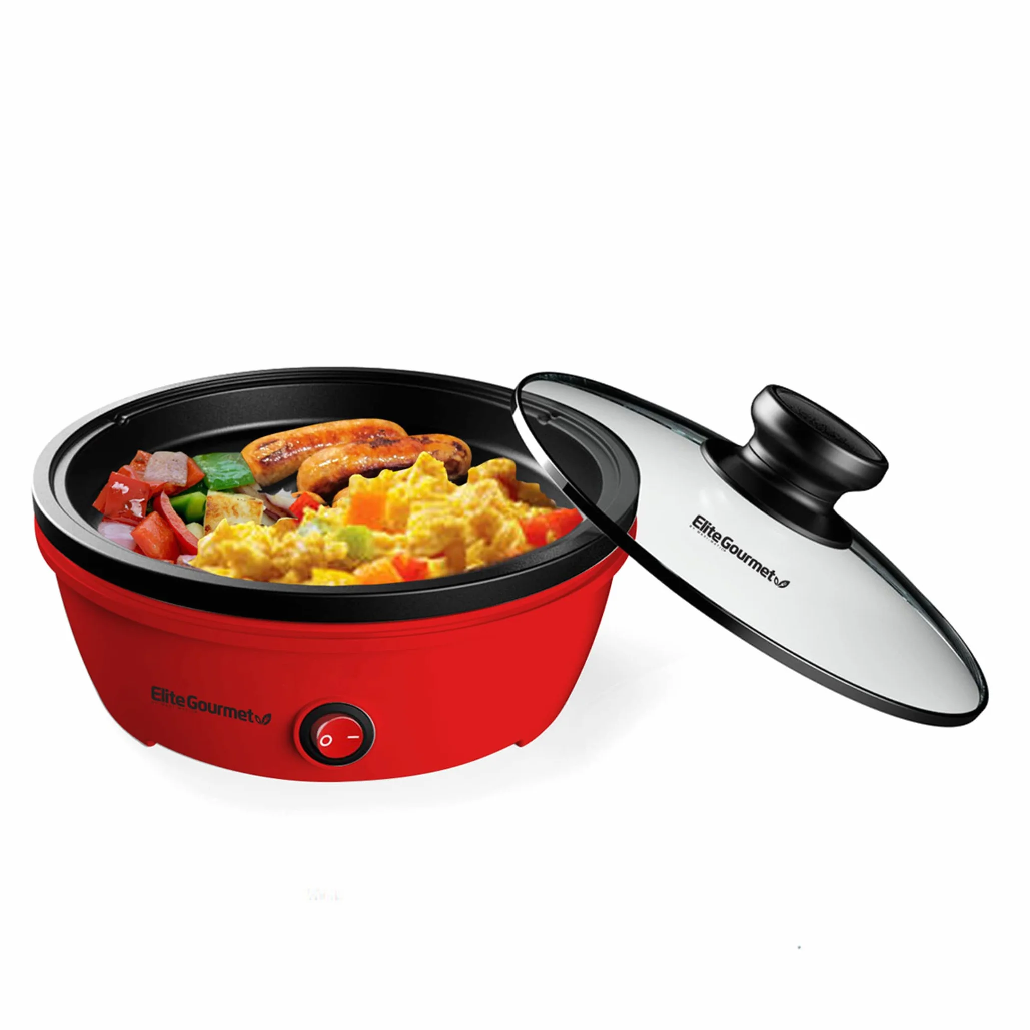 Elite Gourmet EGL-6101 Personal Sartén eléctrica antiadherente para salteados con tapa de cristal templado, calentamiento rápido, 650 vatios, rojo