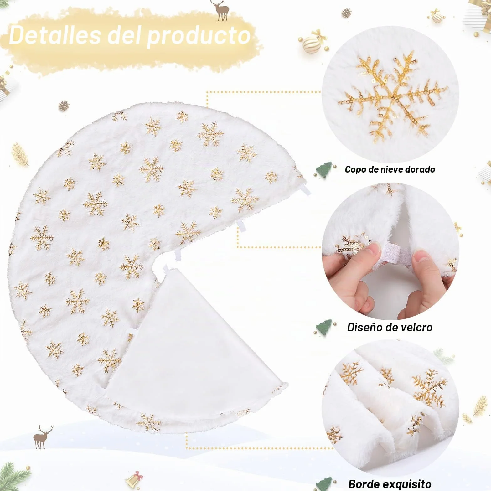 Falda para Árbol de Navidad de Felpa Blanca Suave 90 cm Copos de Nieve Dorados Extra Gruesa