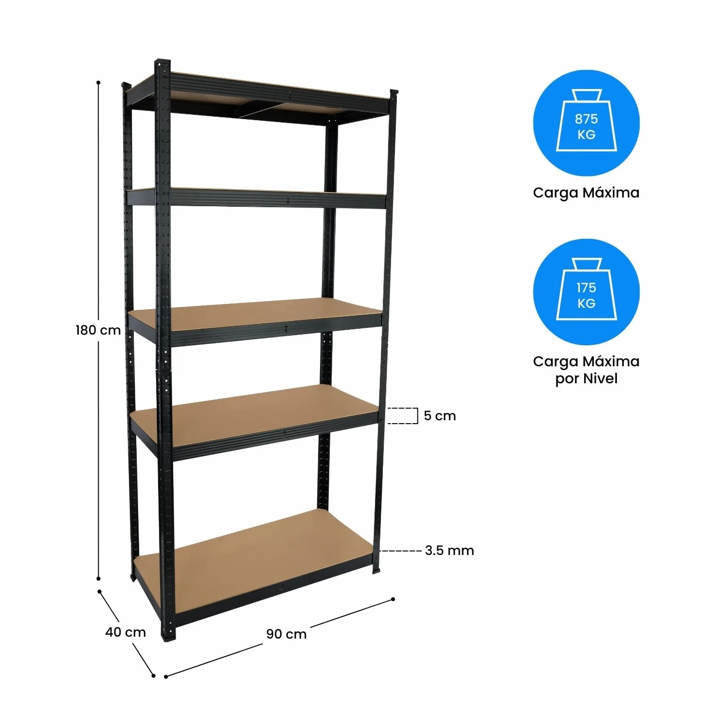 Estantería Modular Almacenaje Acero MDF Antihumedad 5 Baldas Ajustables Carga Máxima 875Kg 90x40x180cm