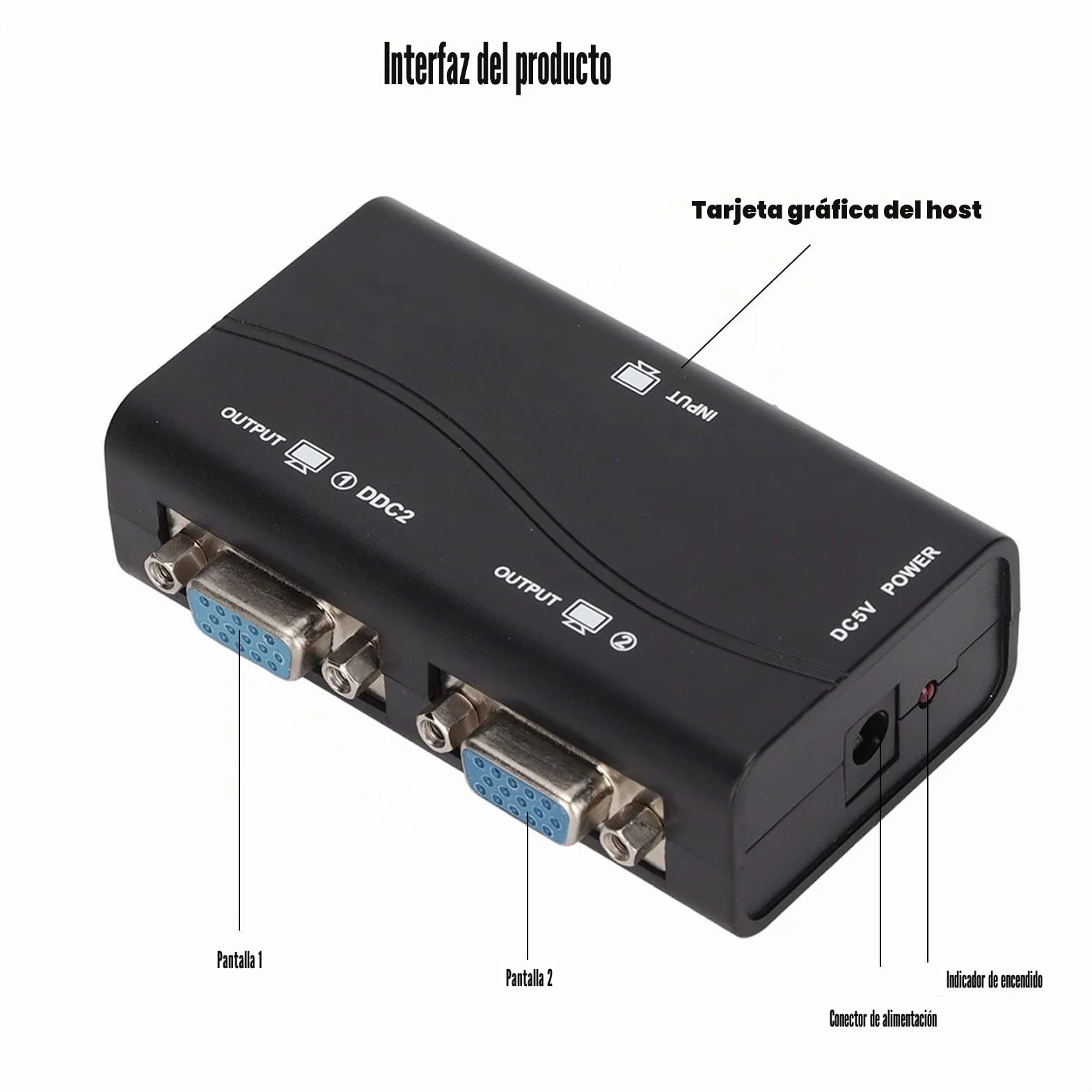 1 en 2 Salidas 250mhz vga Splitter 1920x1440 1080p Video Splitter Vga Video Cable Interfaz chapada en Oro USB Alimentado para duplicación de Pantalla