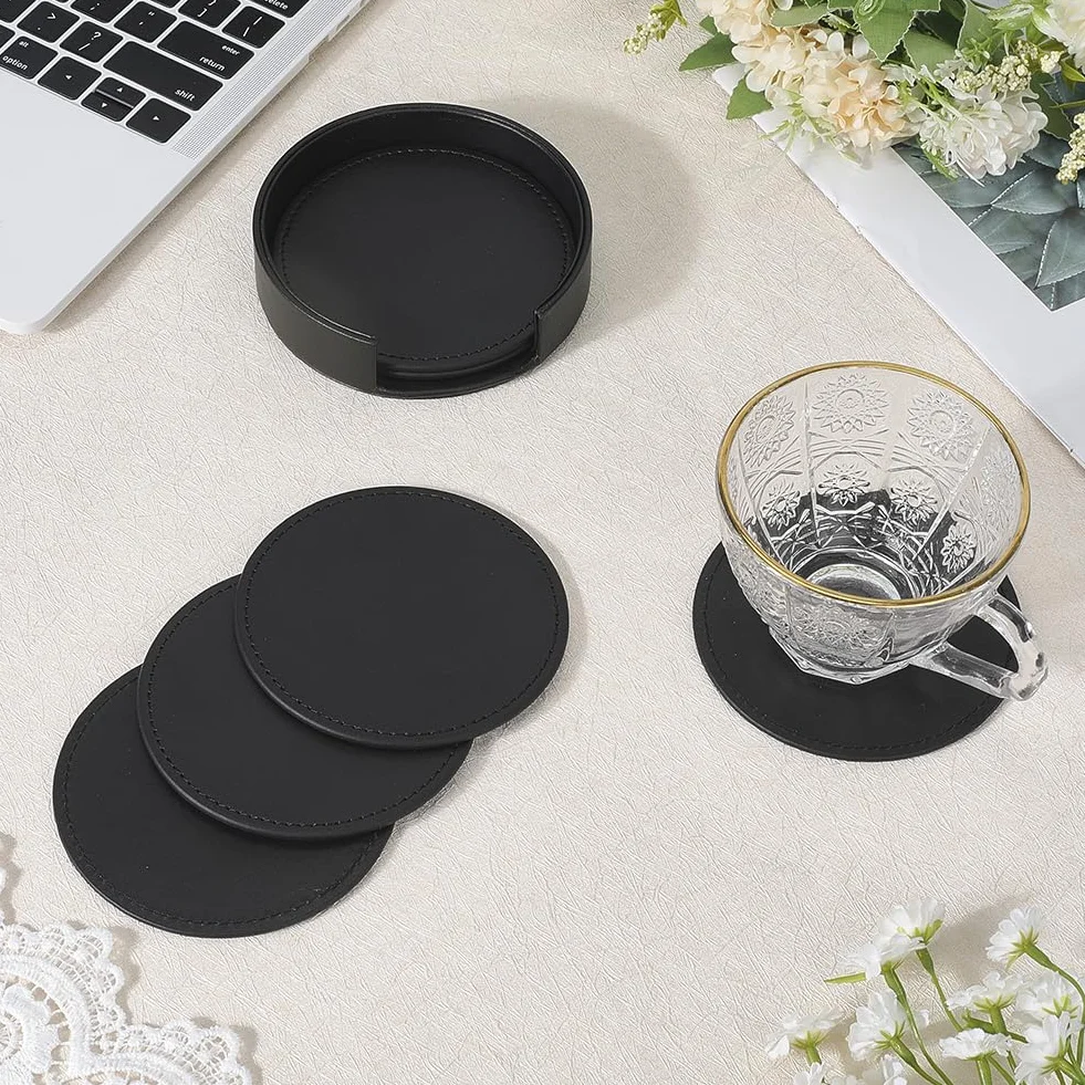 Posavasos de Cuero Sintético de 6cm Redondos Negros Antideslizantes con Protección contra Derrames