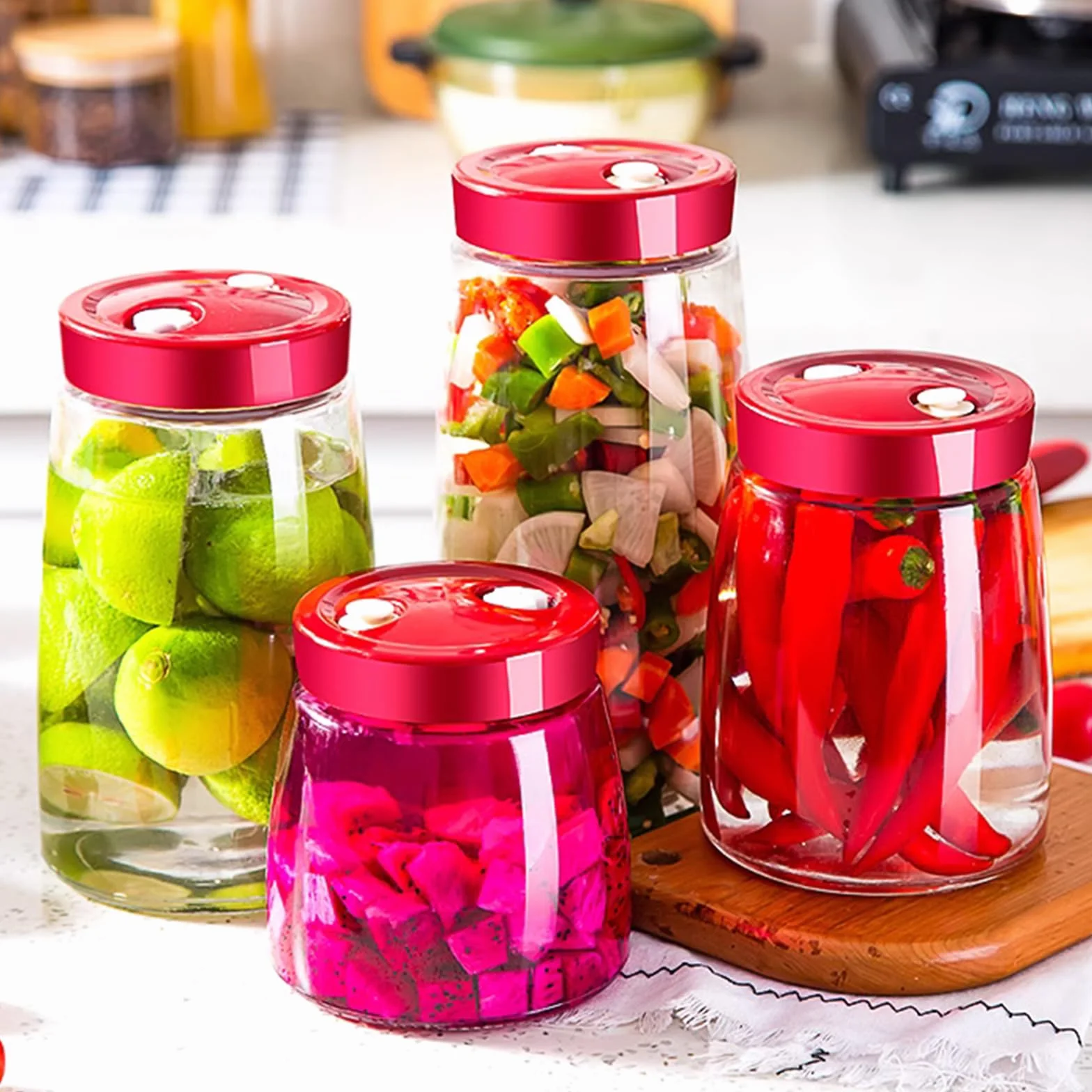 Recipiente de cristal para fermentación 1,4 L con válvula de ventilación para kimchi, kéfir y chucrut