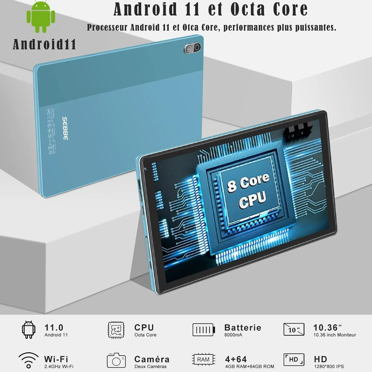 Tablet 10.36 Pulgadas Pantalla 64GB ROM + TF 1TB, Tableta Octa-Core 2.0 GHz / 8000 mAh / 8MP+5MP Macro/ 1340 * 800 Pixels / 5G WiFi/GPS, Tablet Funda Protectora - Azul