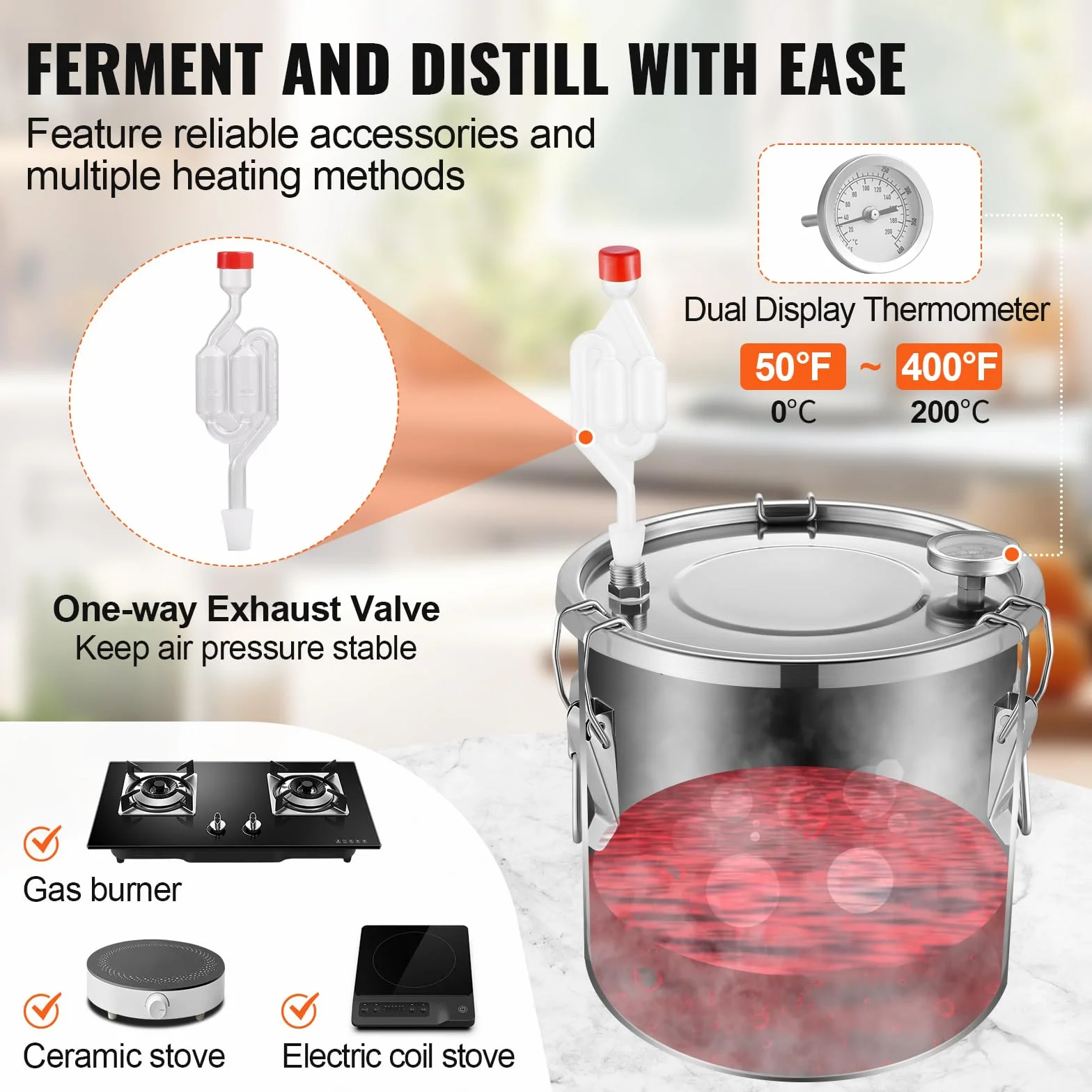 VEVOR Destilador de Alcohol de Acero Inoxidable 11,4 L Kit Fermentación Cerveza Casera con Termómetro Doble Pantalla