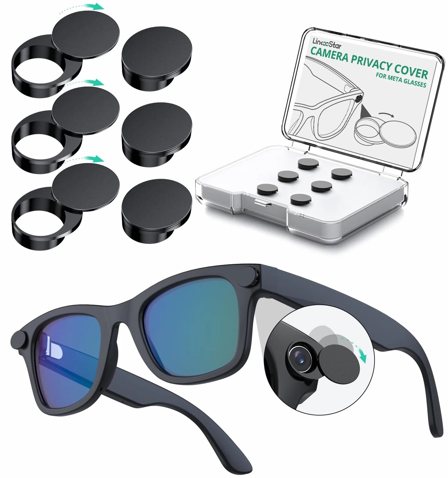 Tapa de Webcam Rotativa 180° para Gafas Inteligentes Meta Gen 2 [Paquete de 6], Tapa de Luz LED Reutilizable para Wayfarer/Skyler/Headliner & Oakley Meta HSTN, Accesorios de Privacidad [Negro]