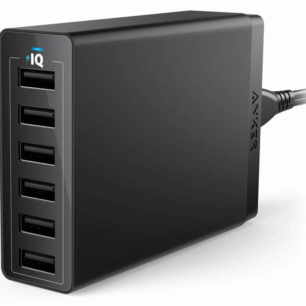 Anker Cargador USB, PowerPort 6 USB 60W de 6 Puertos, Cargador de sobremesa de tamaño Familiar con tecnología PowerIQ, para iPad, Samsung, Nexus, Nokia, Motorola y Otros (Negro)