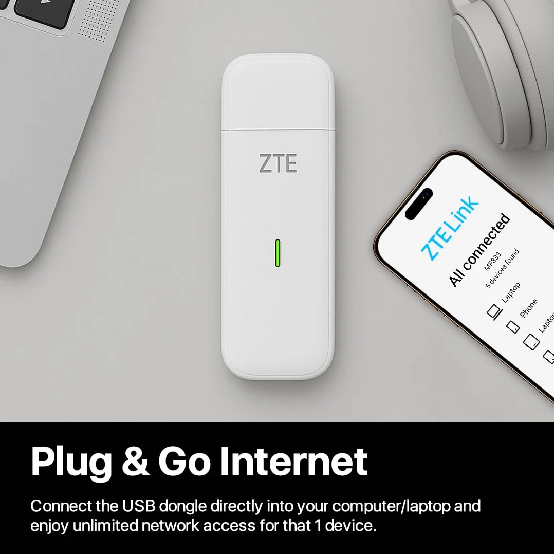 ZTE Dongle USB MF833, CAT4/4G, Desbloqueado de bajo Costo, para Viajes, Wi-Fi de Negocios, Streaming, Juegos, navegación, Compatible con configuración de múltiples Bandas, 2 años de