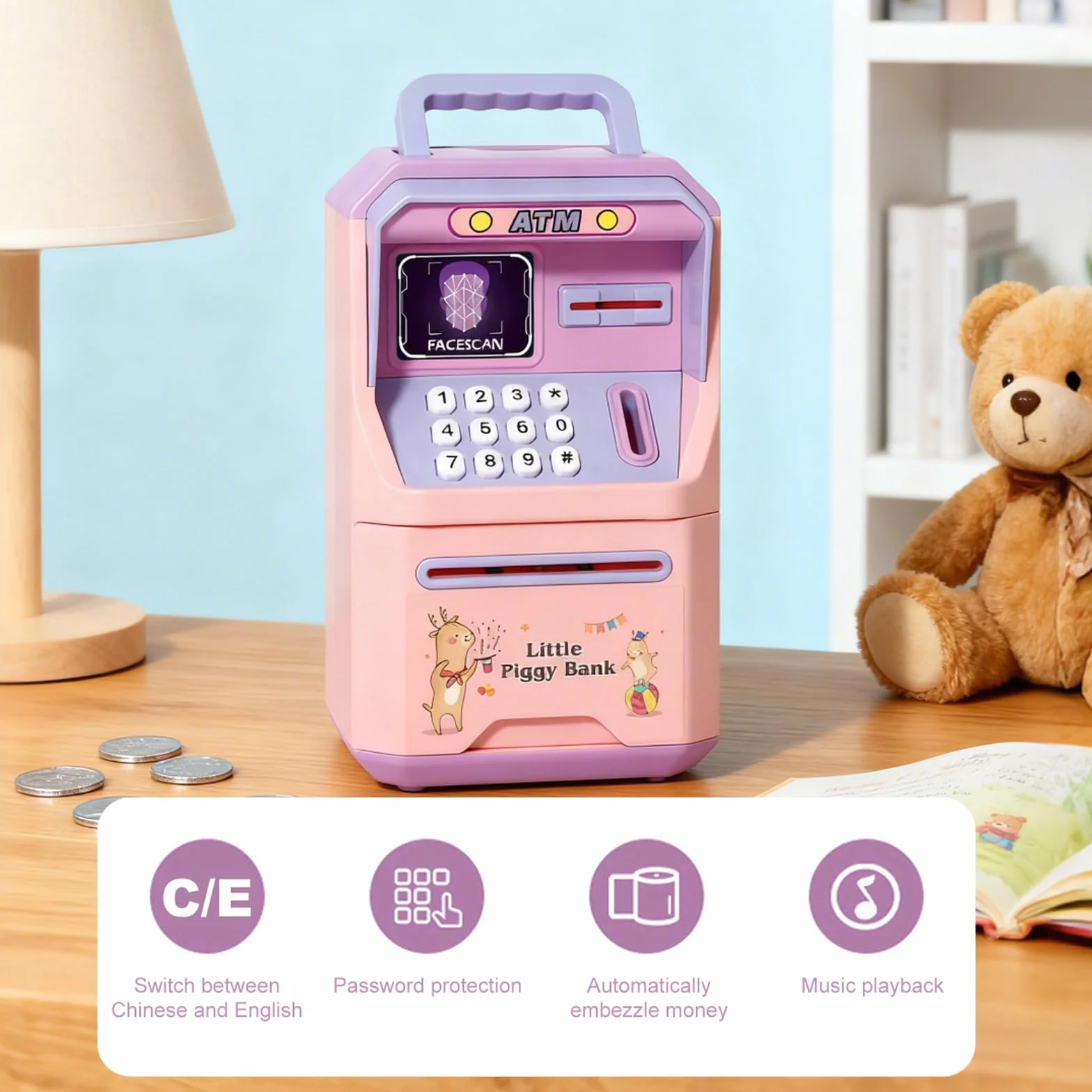 Hucha Electrónica Caja Fuerte con Código y Música Cajero Automático Digital Rosa
