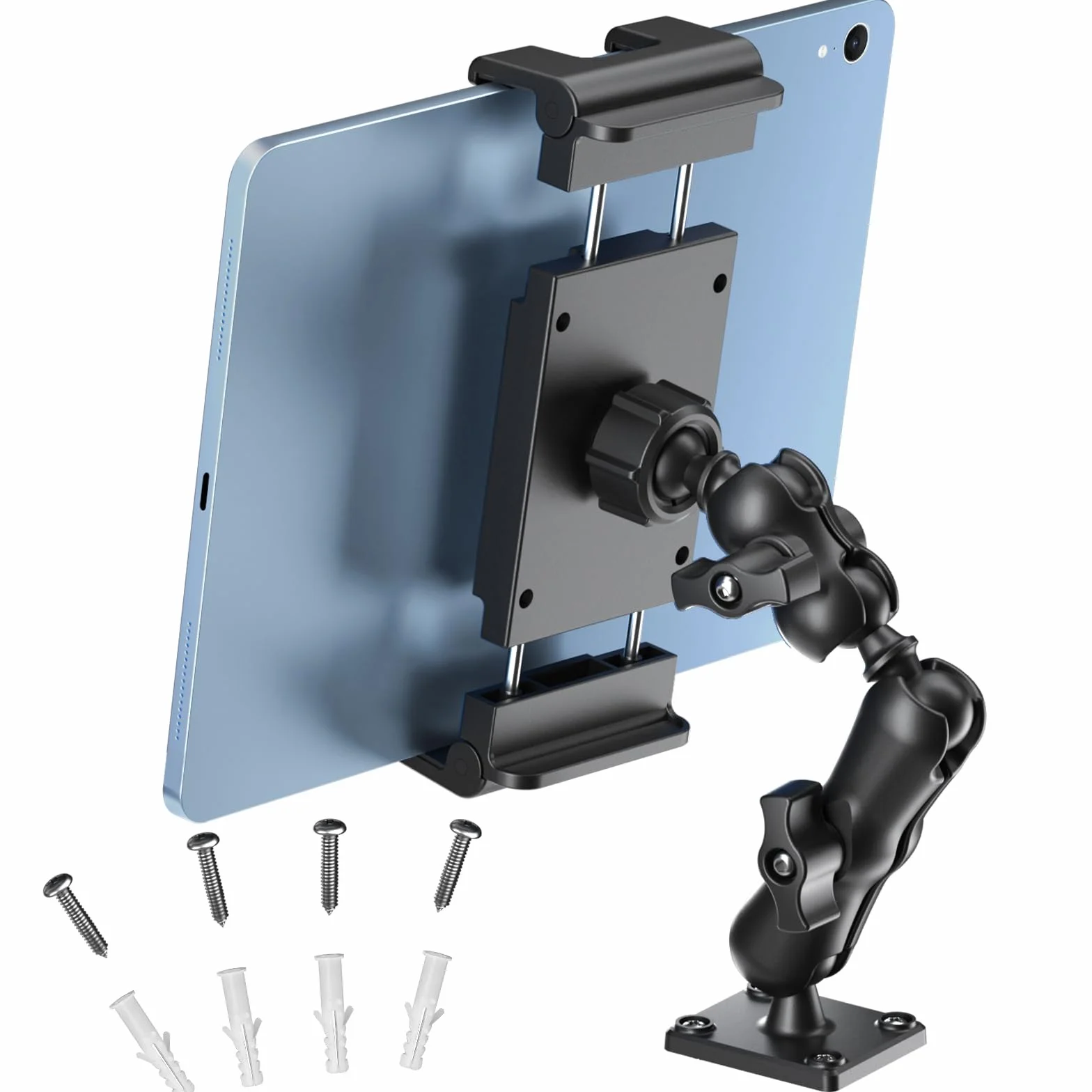 PLDHPRO Soporte de pared para tableta, iPad, para camión, tableta, base de perforación con 360 grados, brazo largo ajustable de 2 niveles para Samsung, Pro, Air, Mini, Firehd, pared, cocina, baño, 5,1