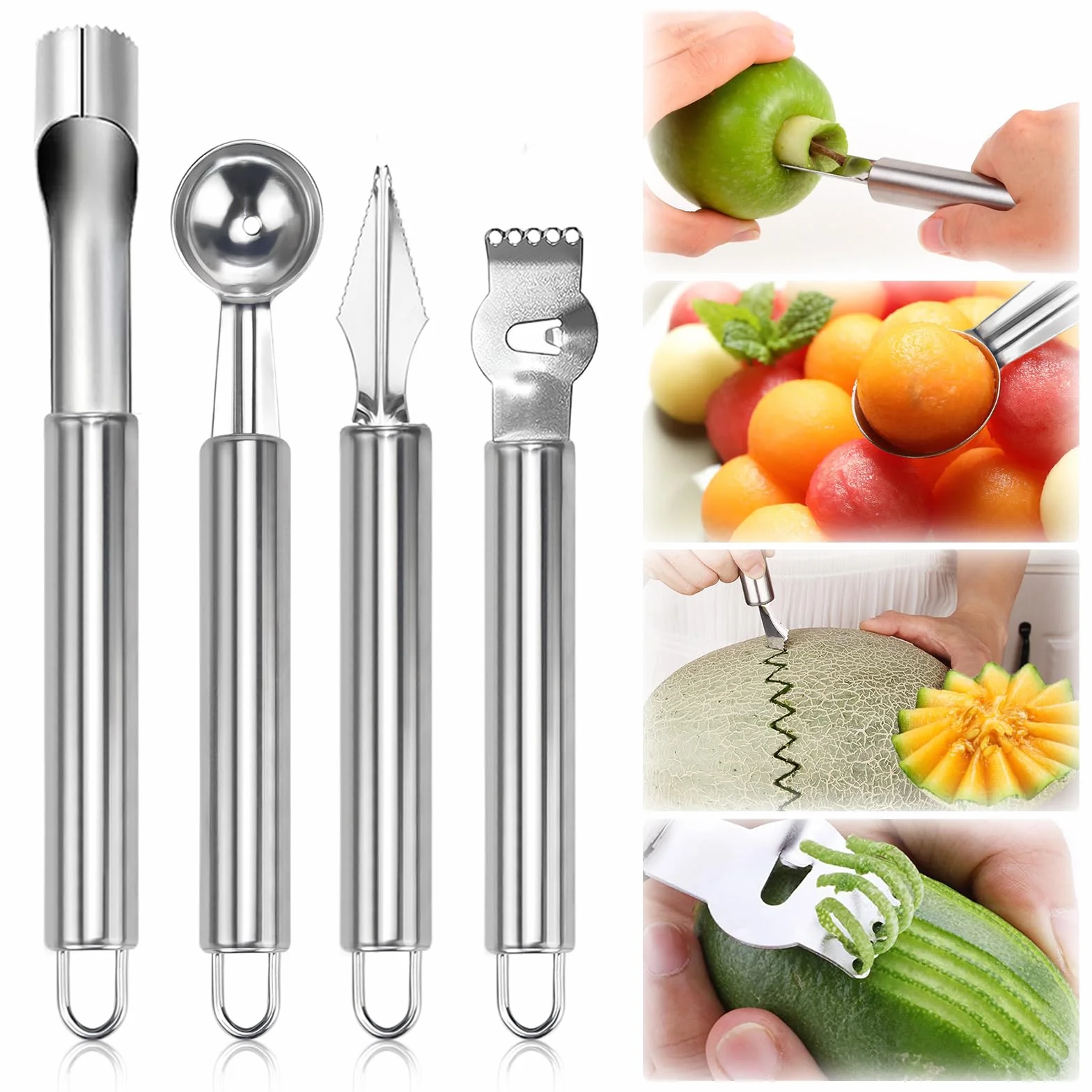 LPZMPZ 4 en 1 Descorazonador Herramienta Cuchara Vaciadora de Acero Inoxidable Manzanas Tallado Excavación Cocina Multifuncional para Ensaladas de Frutas Bolas de Melón Diy